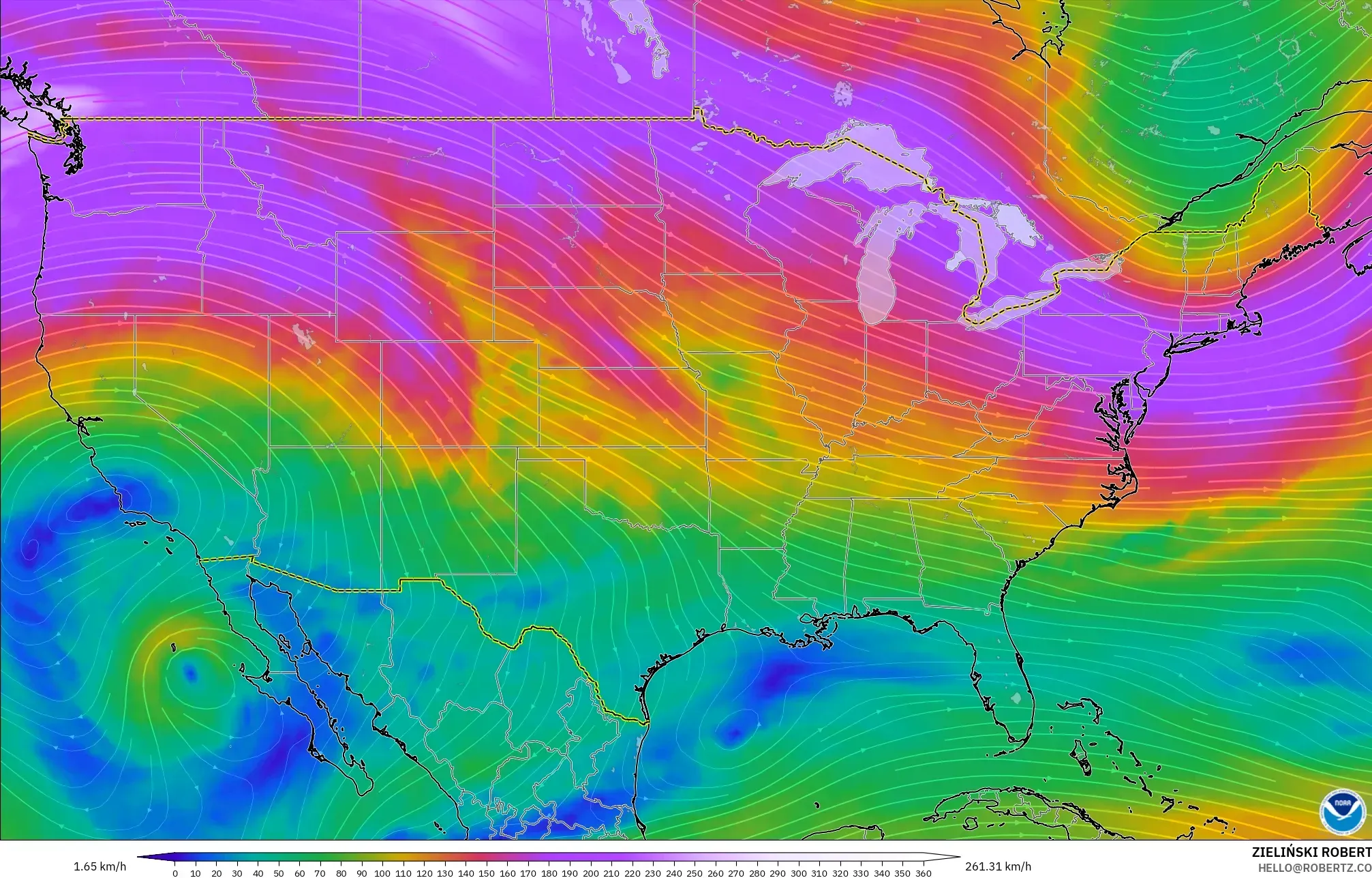 GFS model - United States, Wind at 300hPa (jet stream)