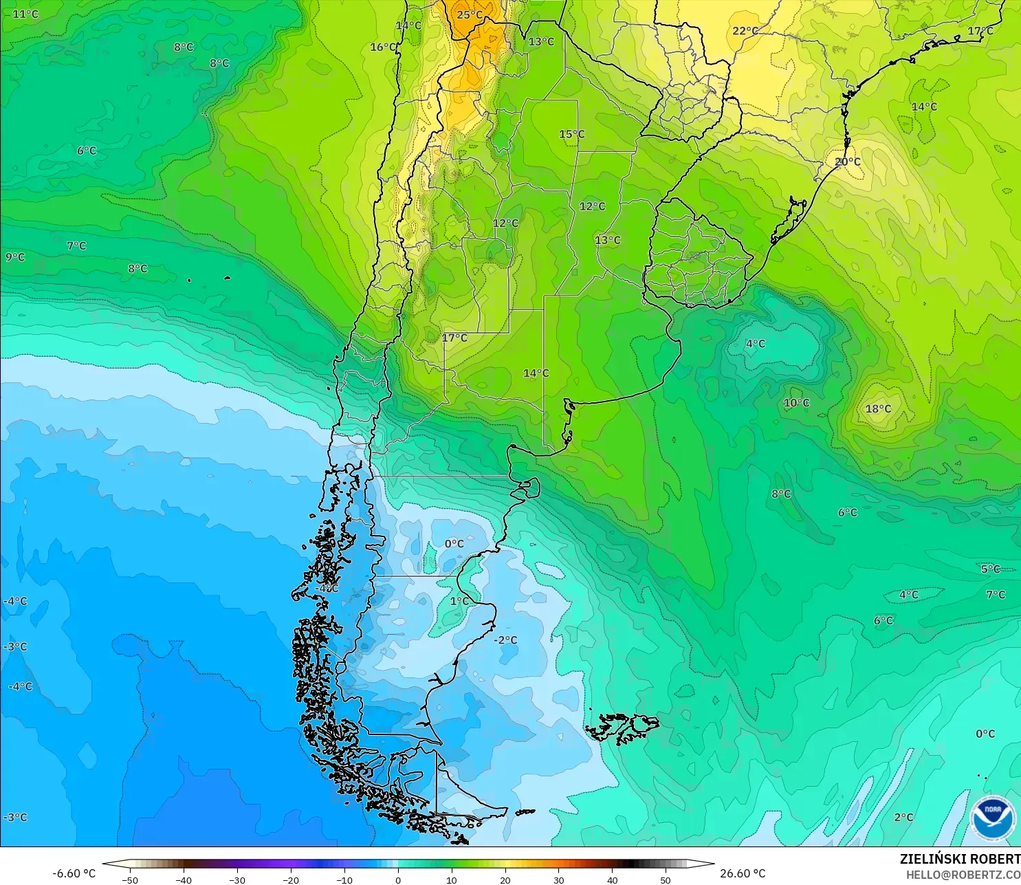 GFS model - Argentina, Temperature at 850hPa