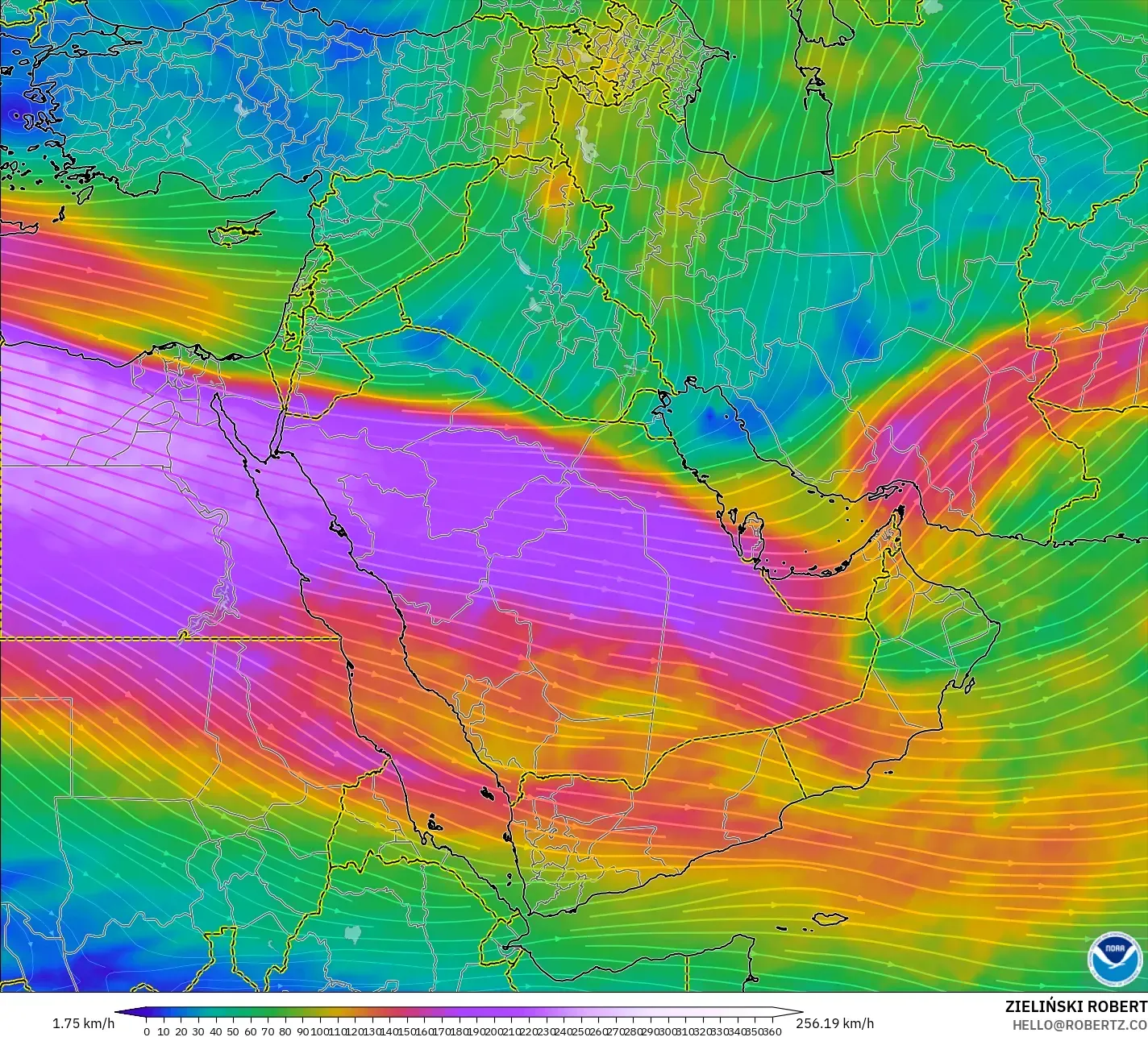 GFS model - Middle East, Wind at 300hPa (jet stream)