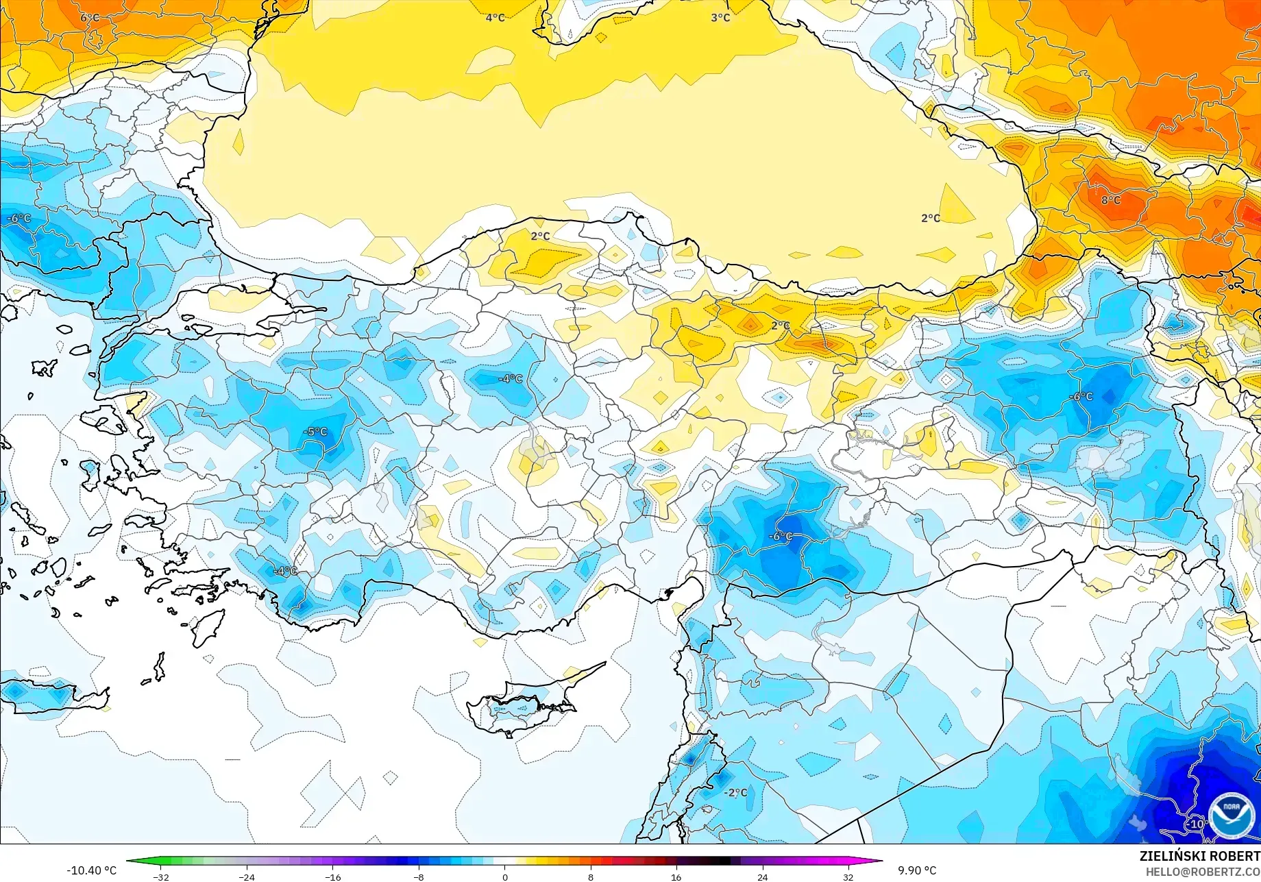 GFS model - Turkey, Temperature at 2m Anomaly