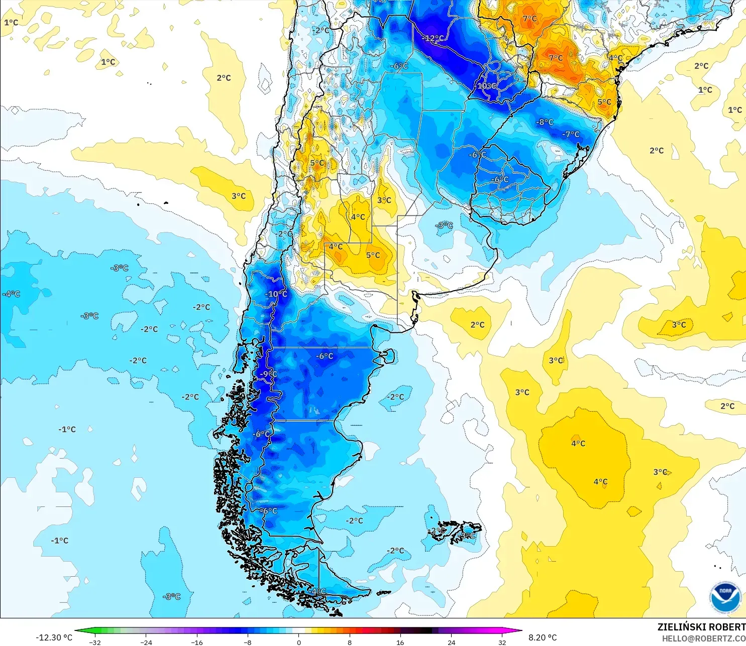 GFS model - Argentina, Temperature at 2m Anomaly