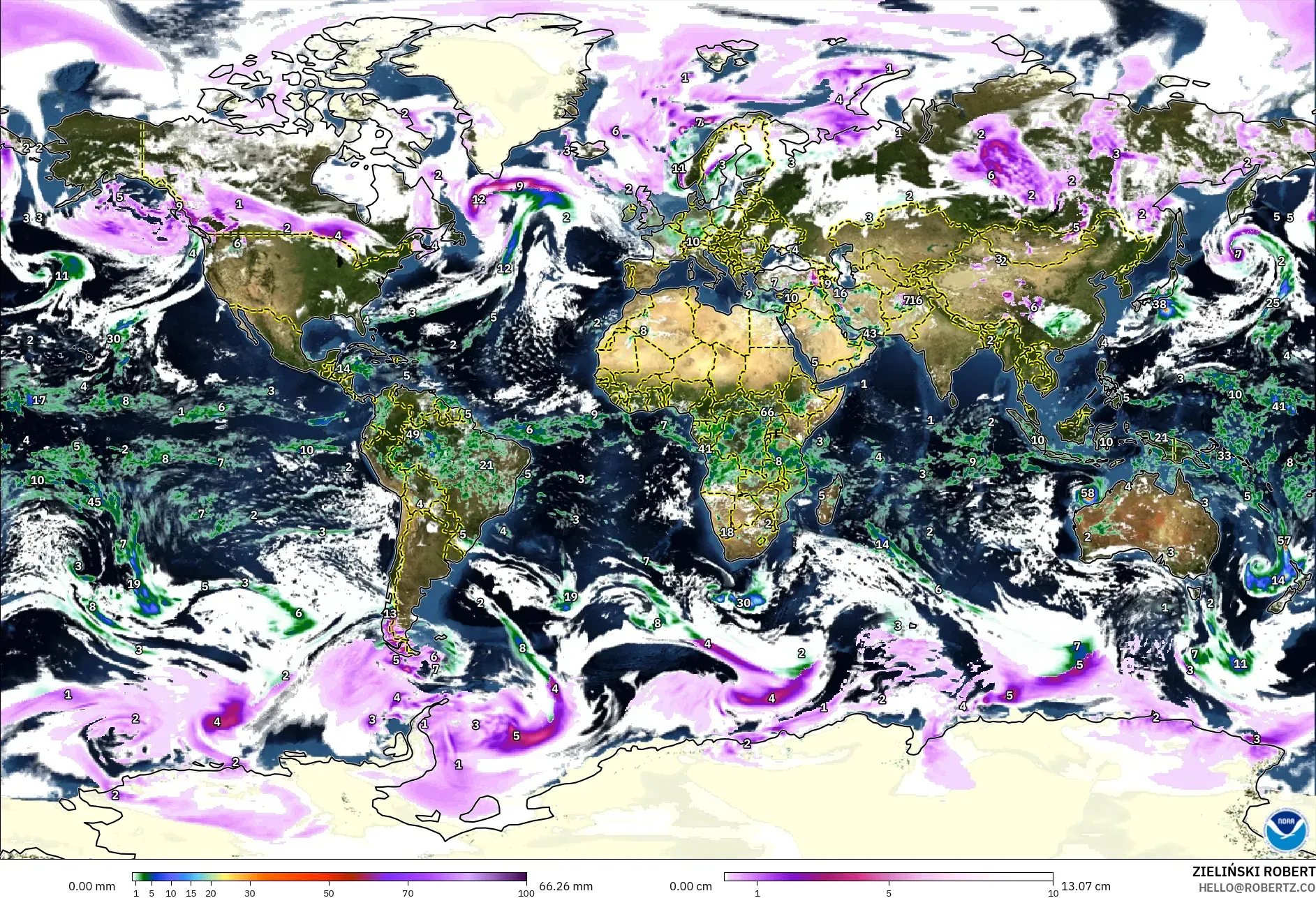 GFS model - World, Precipitation, Clouds, and Pressure