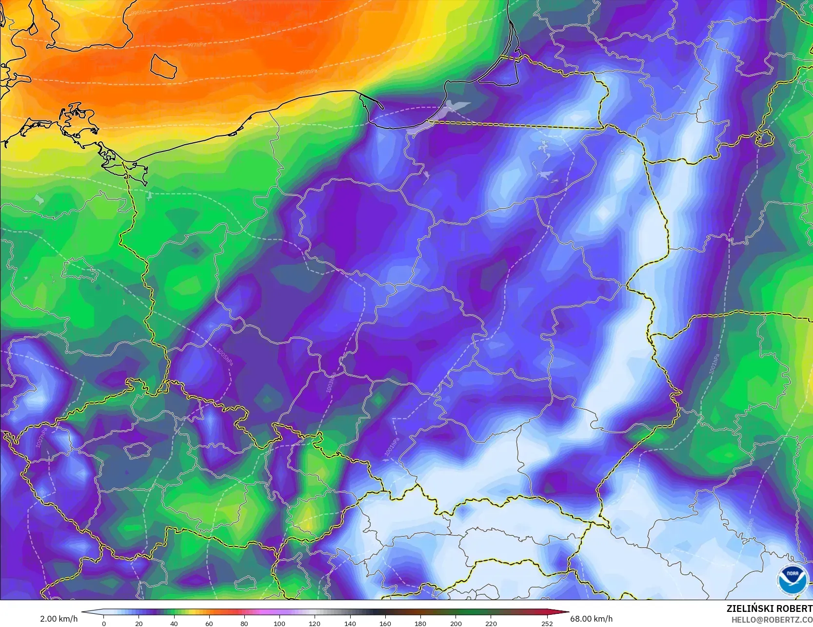 GFS model - Poland, Wind Gusts