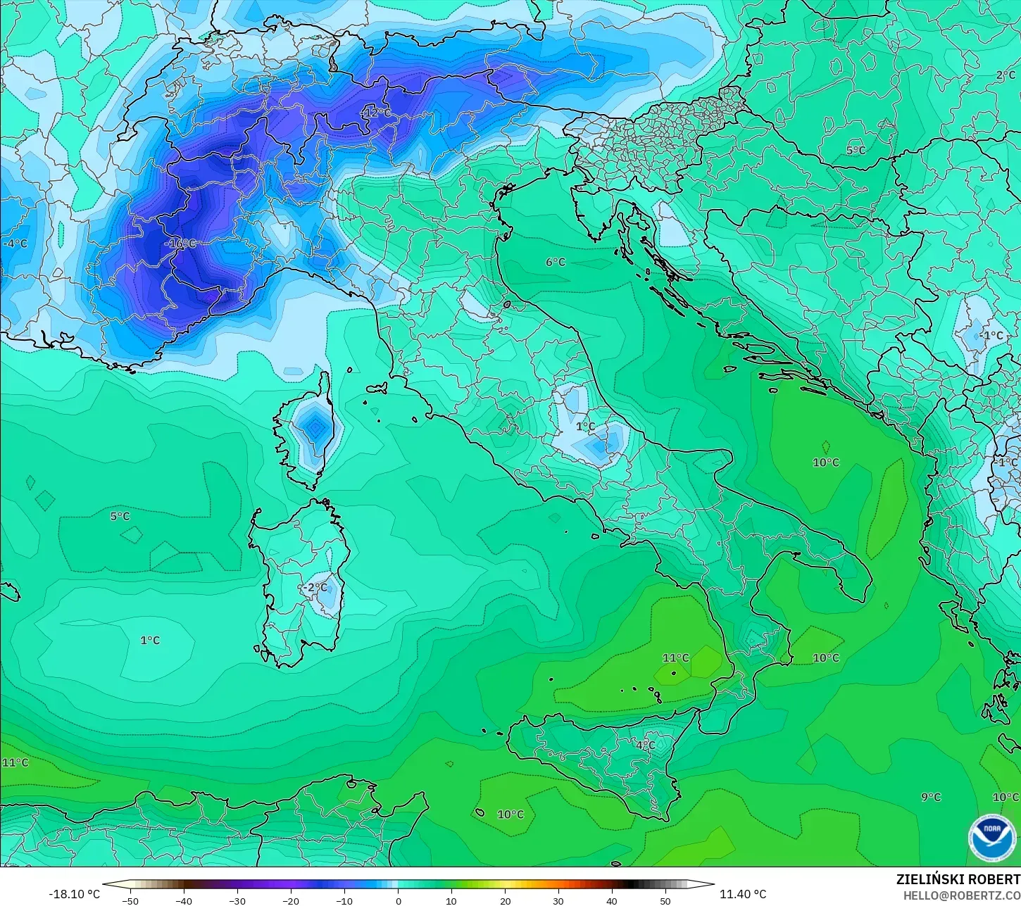 GFS model - Italy, Dewpoint at 2m