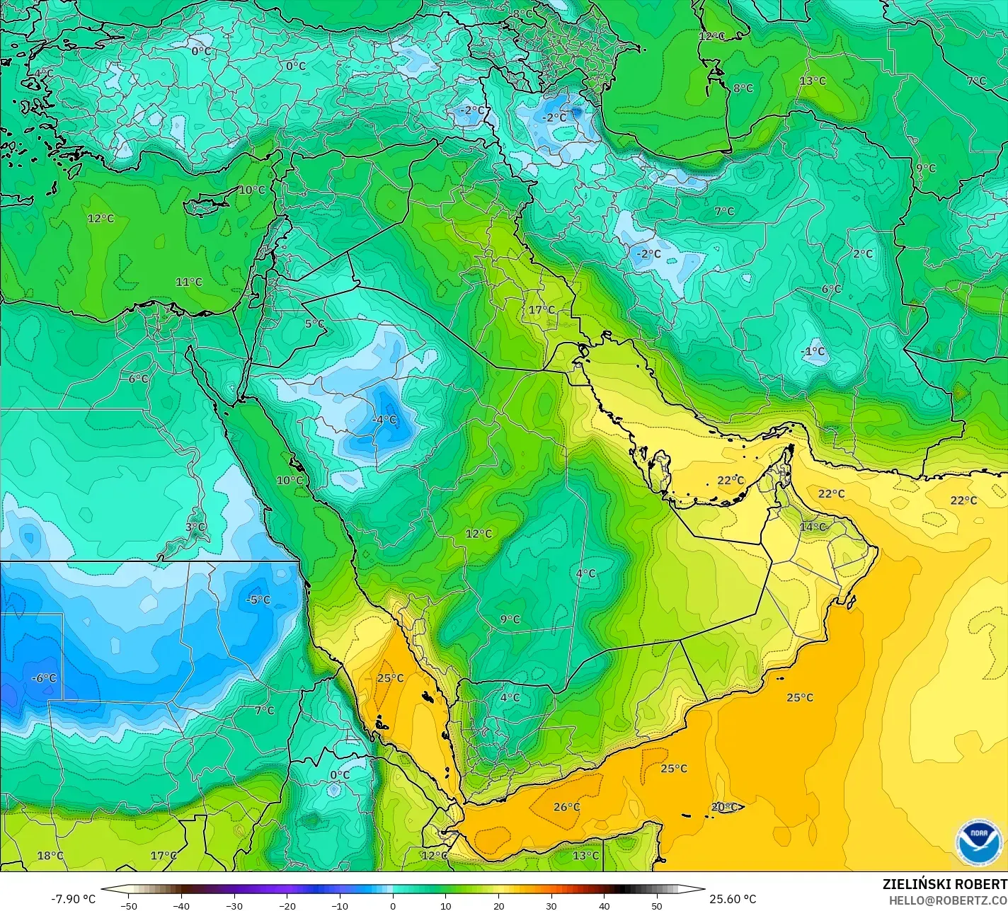 GFS model - Middle East, Dewpoint at 2m