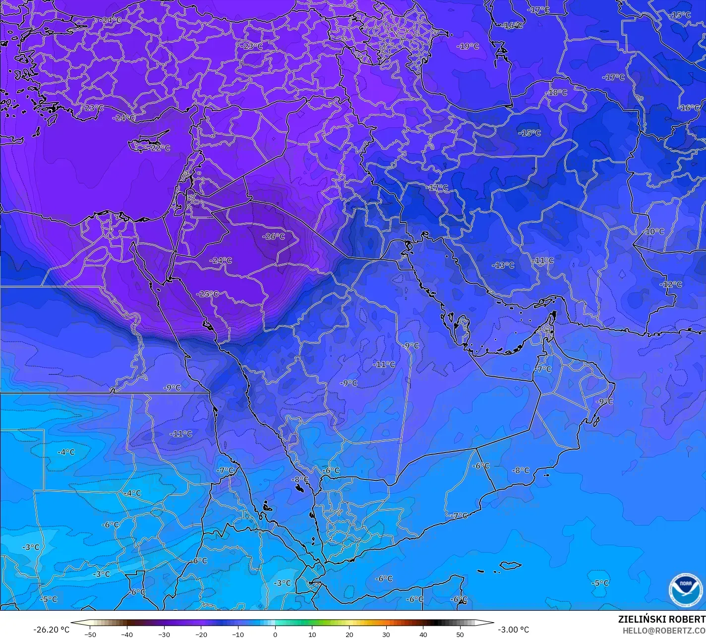 GFS model - Middle East, Temperature at 500hPa
