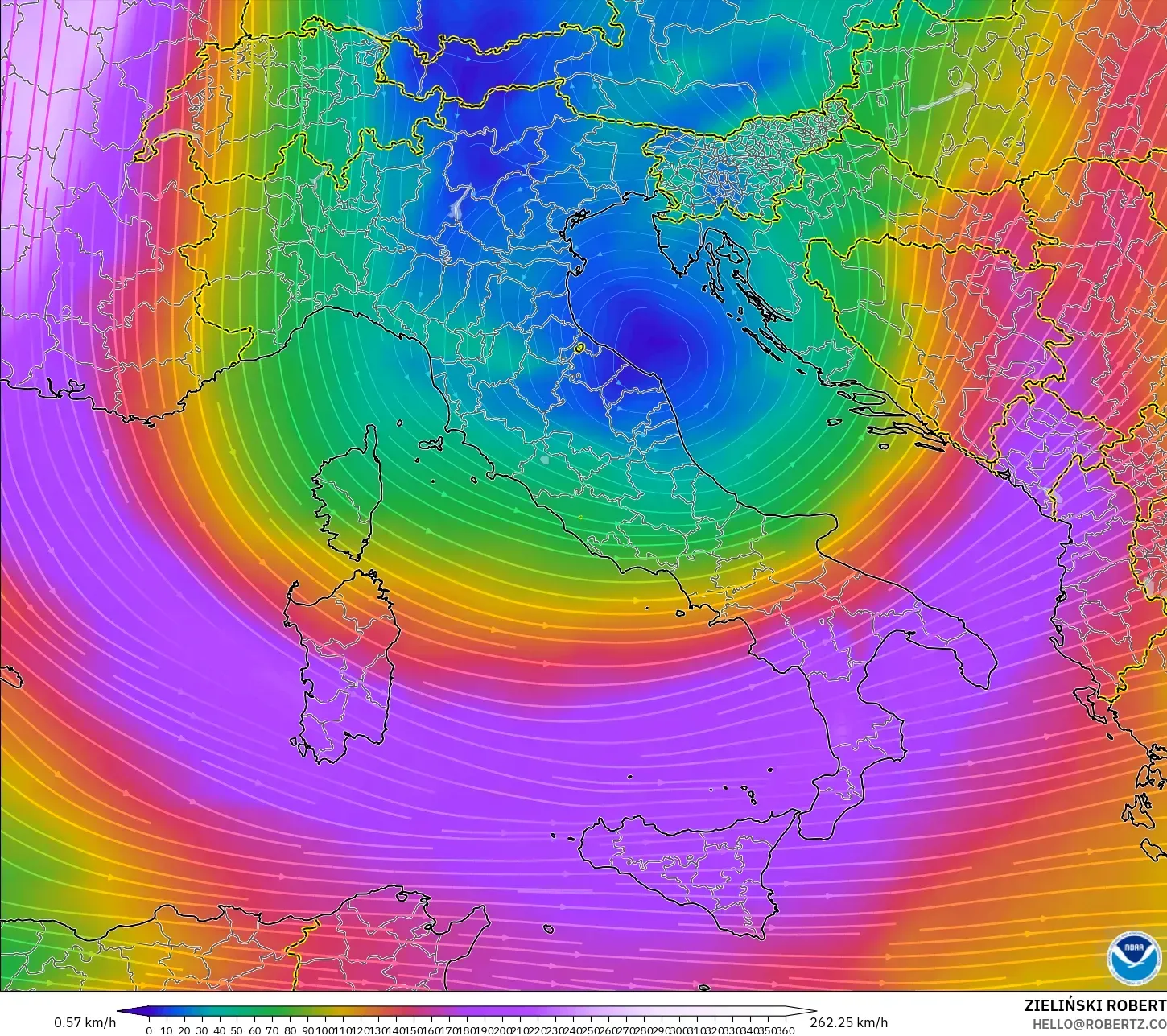 GFS model - Italy, Wind at 300hPa (jet stream)