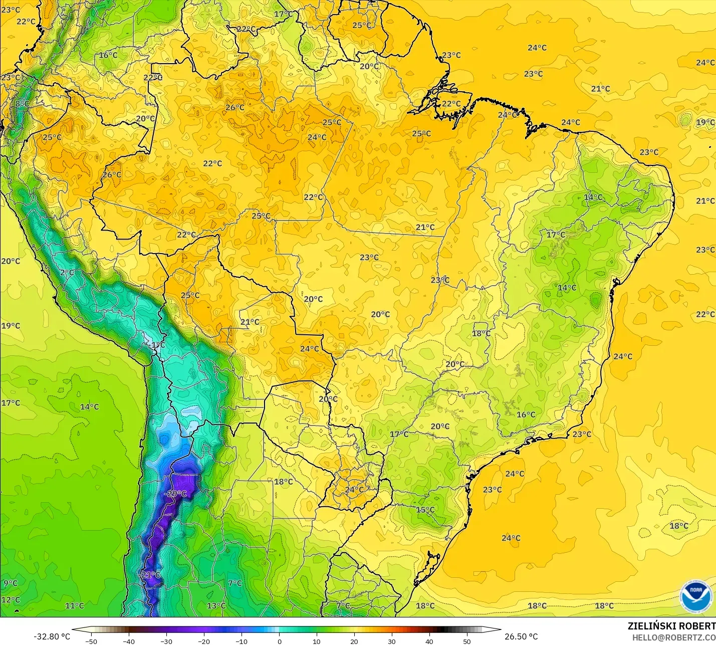GFS model - Brazil, Dewpoint at 2m