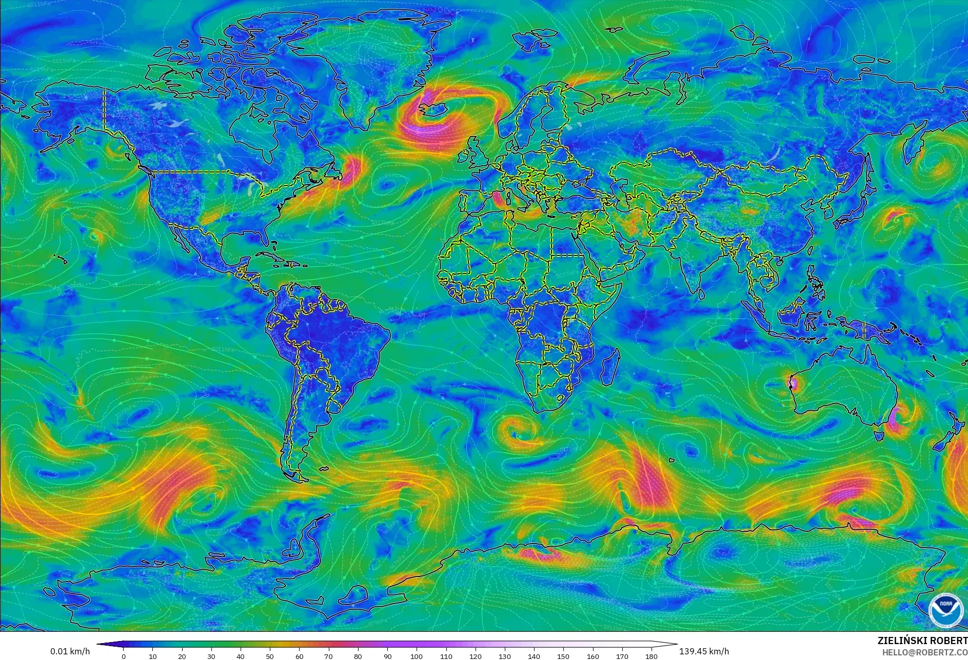 GFS model - World, Wind at 10m