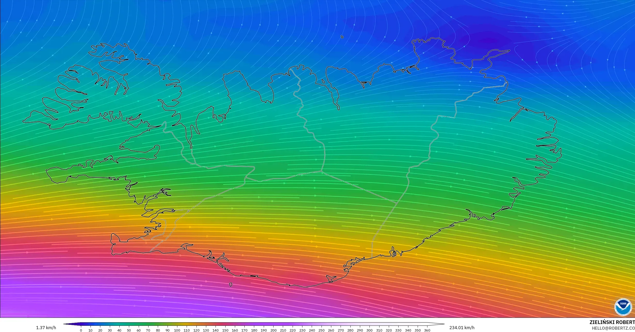 GFS model - Iceland, Wind at 300hPa (jet stream)