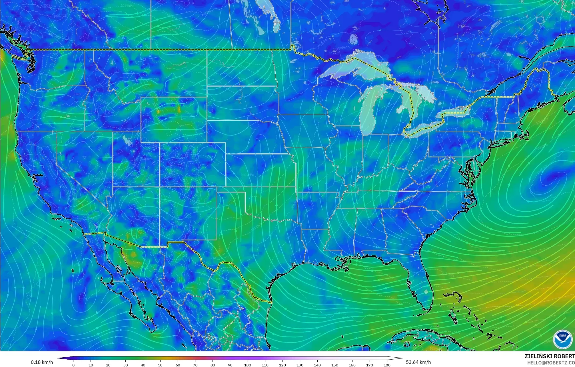 GFS model - United States, Wind at 10m