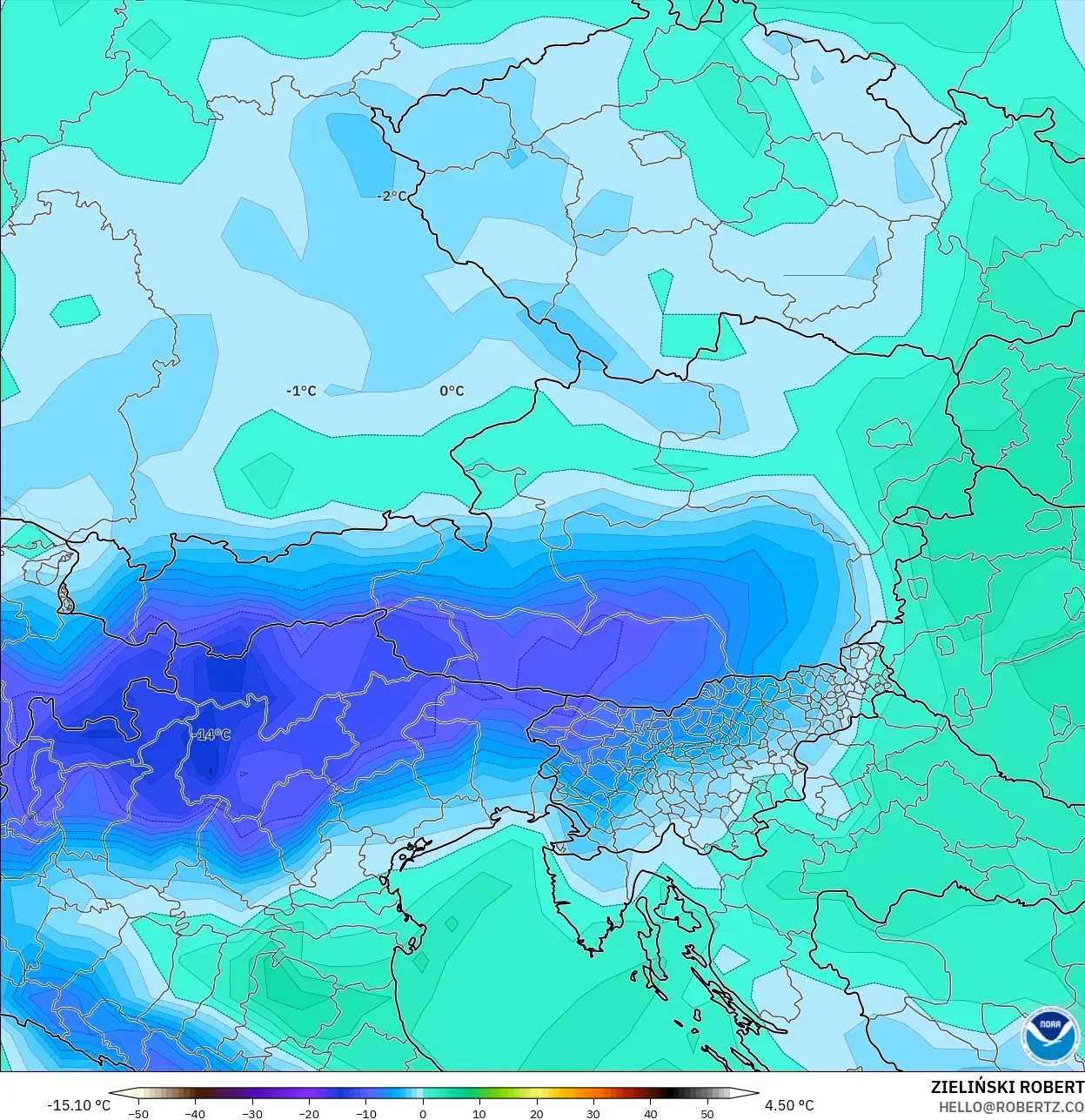 GFS model - Austria, Dewpoint at 2m