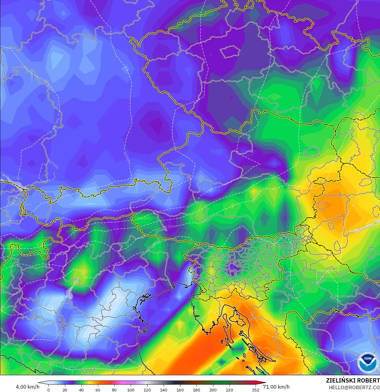 GFS model - Austria, Wind Gusts
