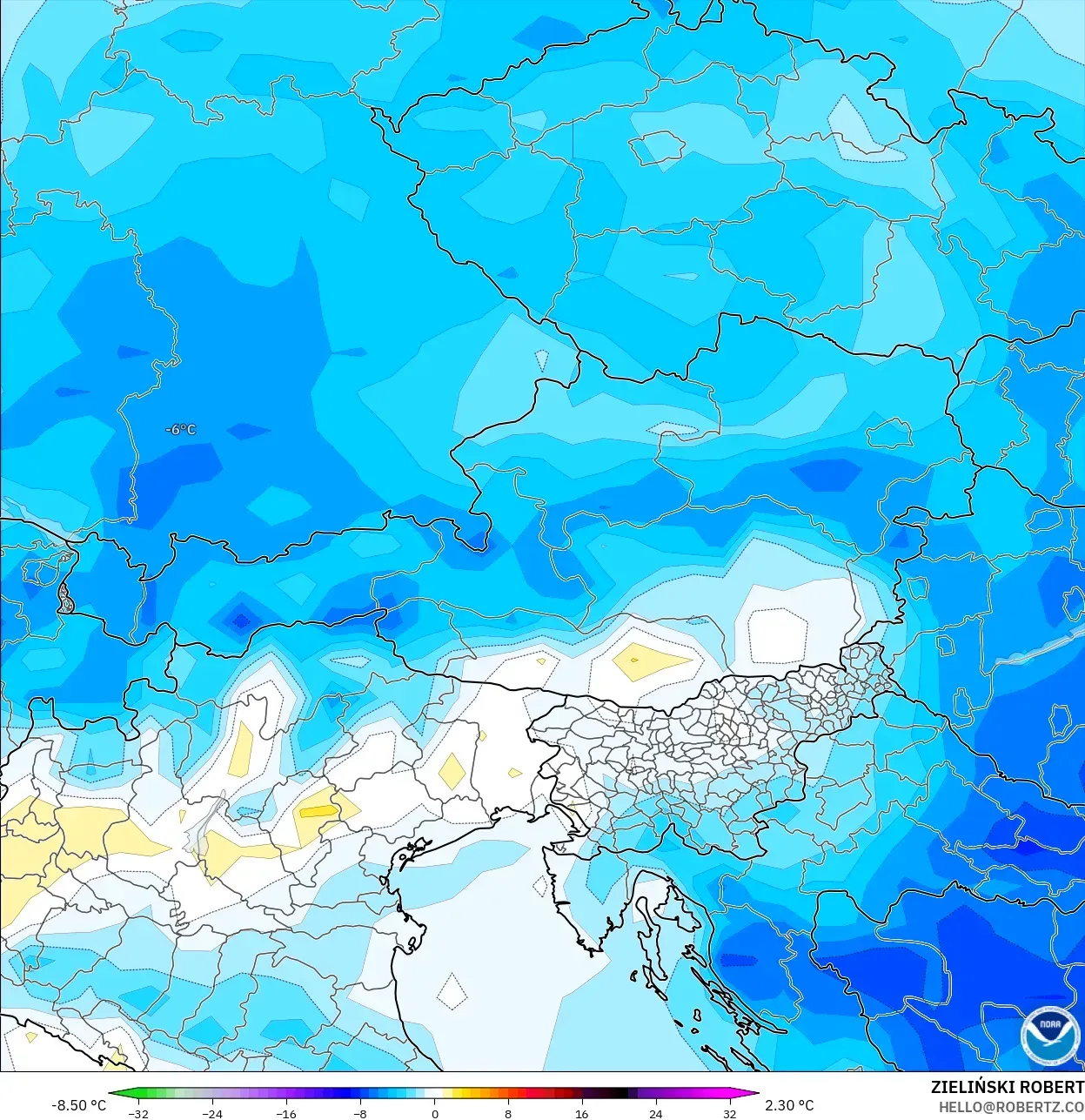 GFS model - Austria, Temperature at 2m Anomaly