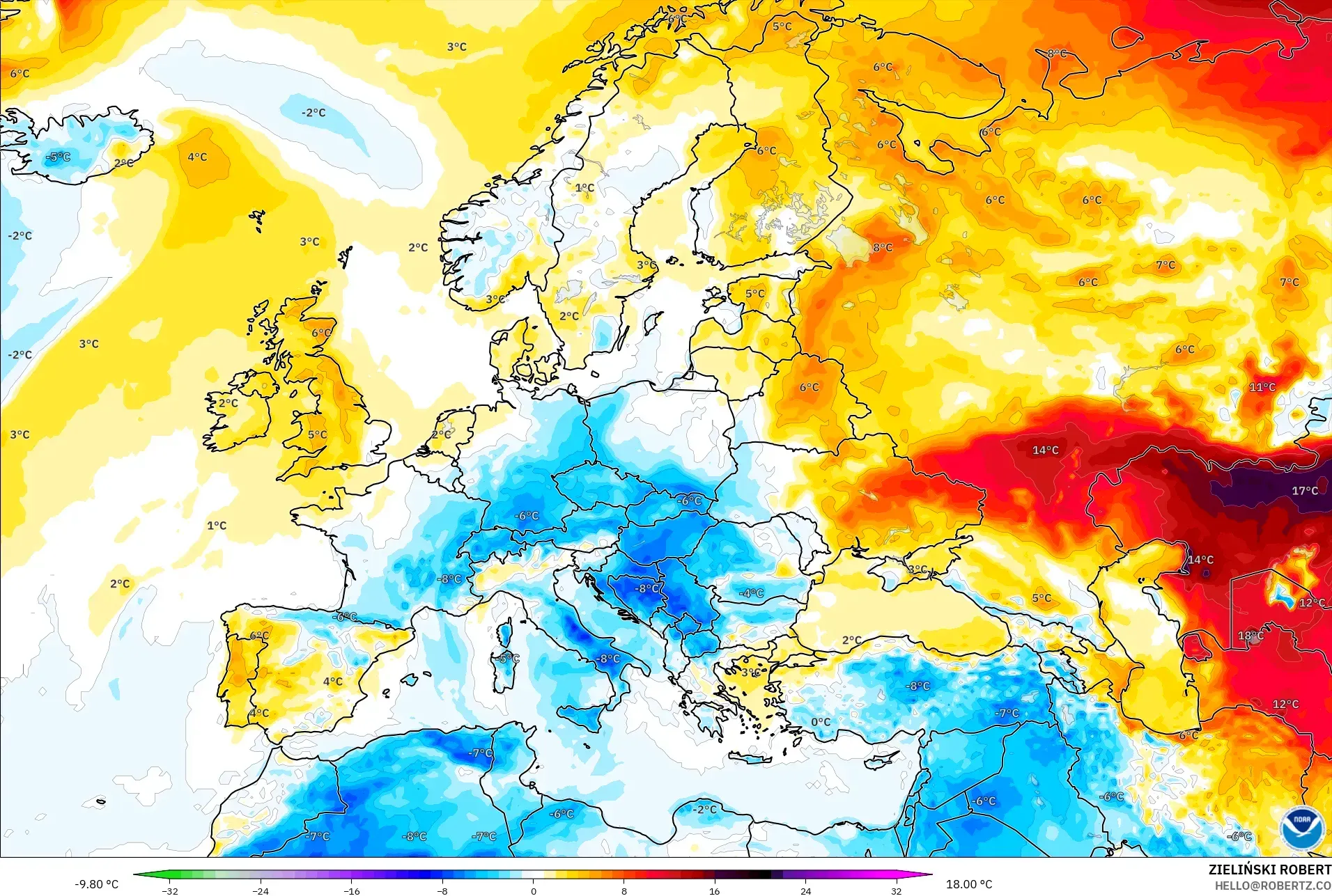 GFS model - Europe, Temperature at 2m Anomaly