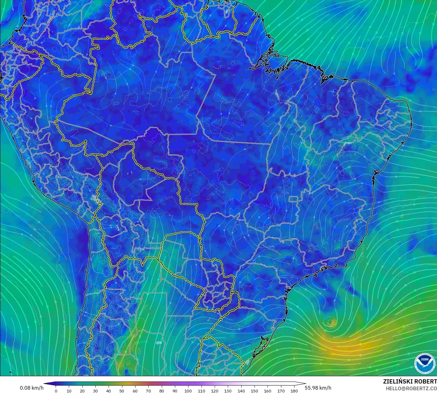 GFS model - Brazil, Wind at 10m