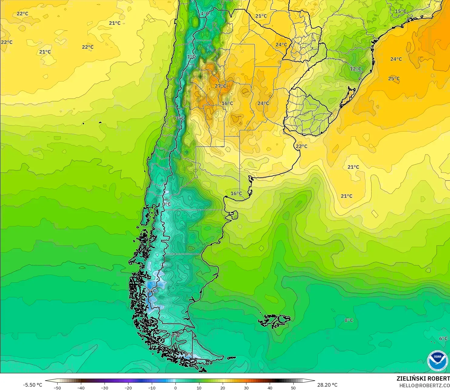 GFS model - Argentina, Temperature at 2m