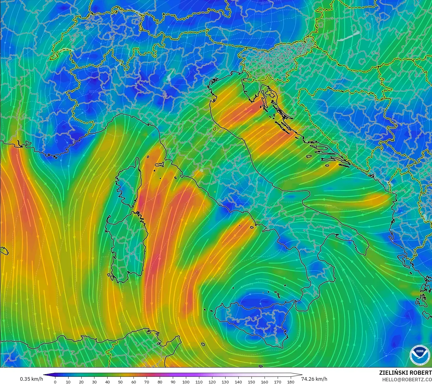 GFS model - Italy, Wind at 10m