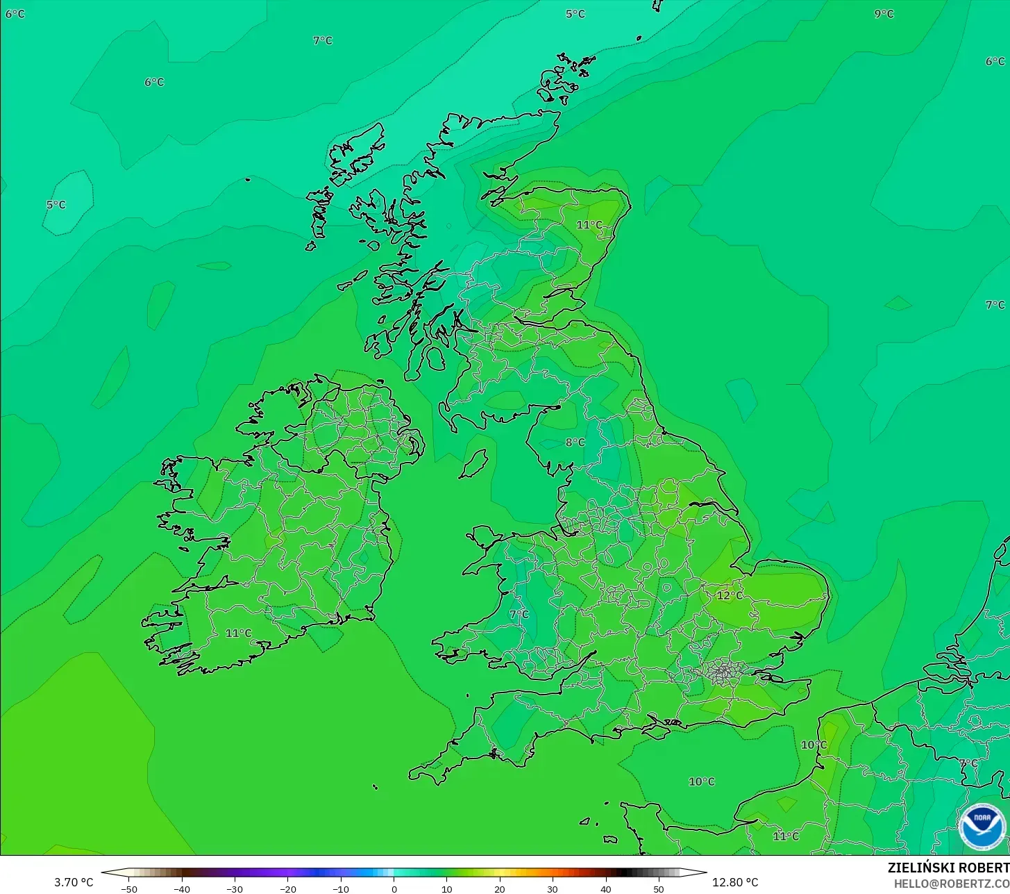 GFS model - United Kingdom, Temperature at 2m