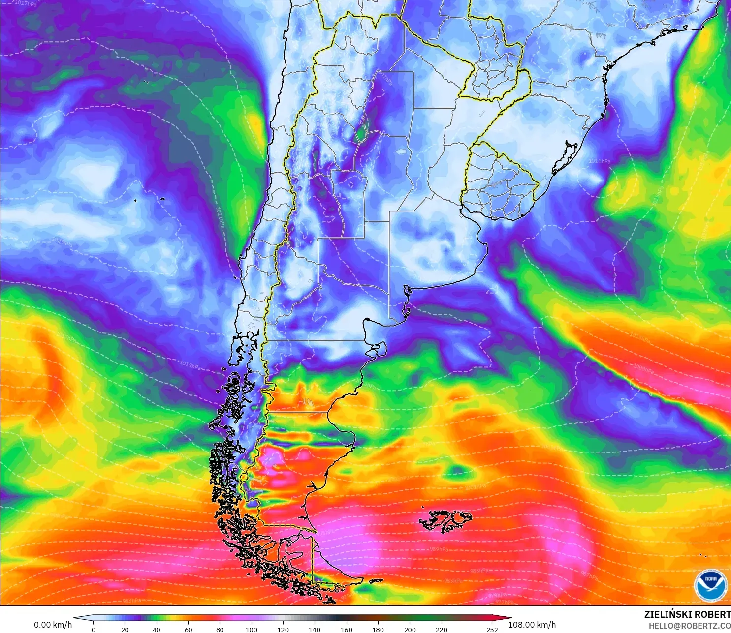 GFS model - Argentina, Wind Gusts Peak