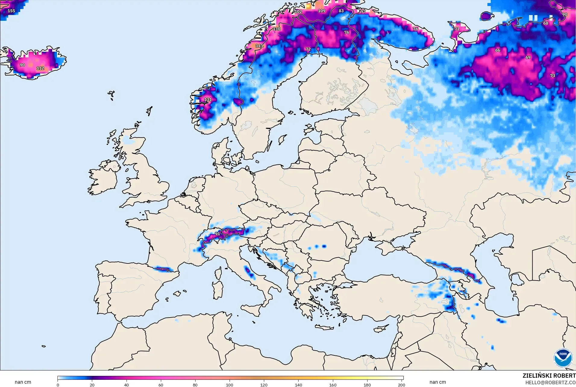 GFS model - Europe, Snow Depth