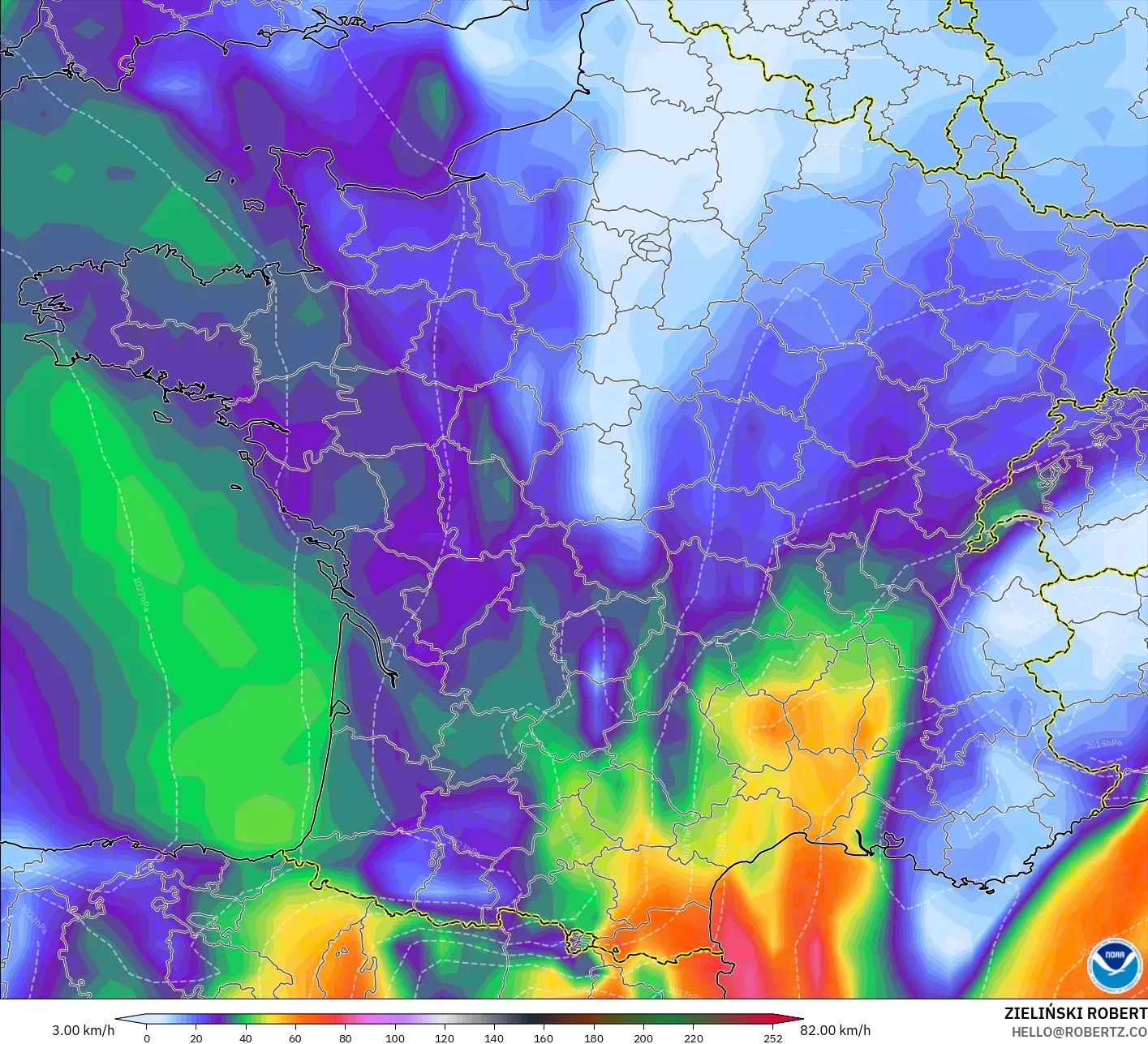 GFS model - France, Wind Gusts Peak