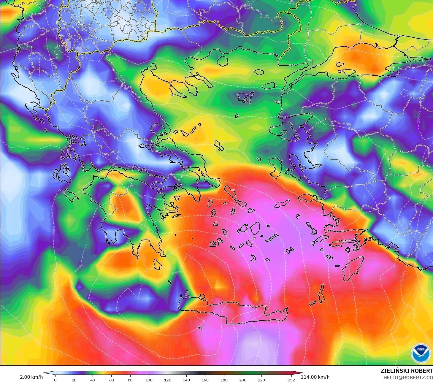GFS model - Greece, Wind Gusts Peak