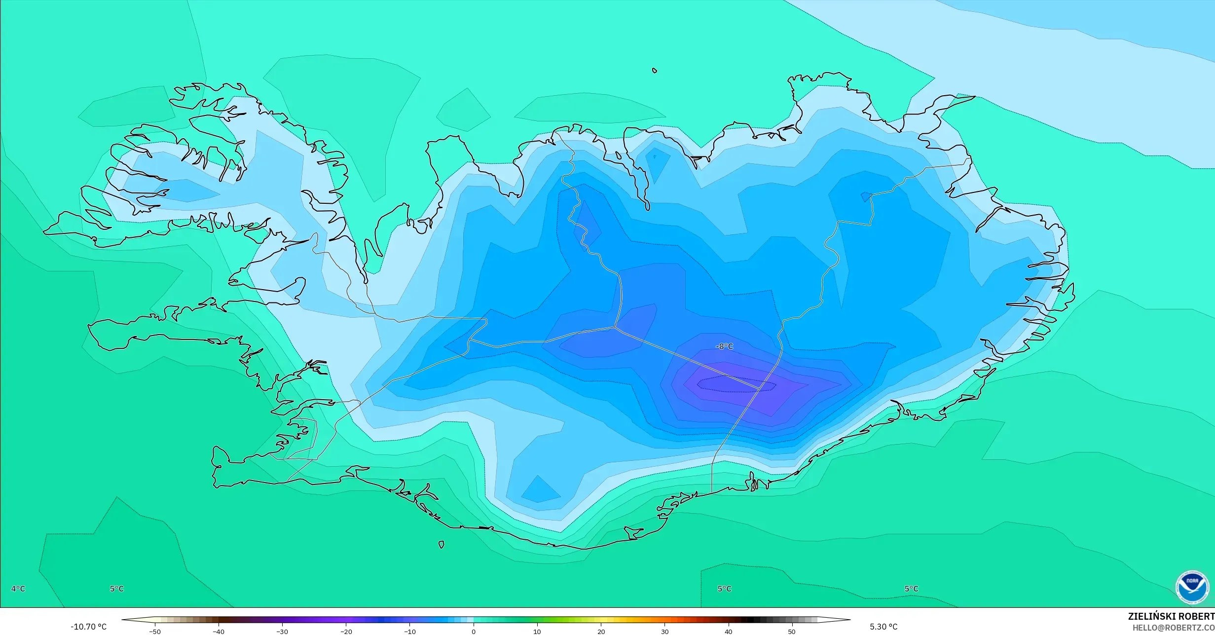 GFS model - Iceland, Temperature at 2m