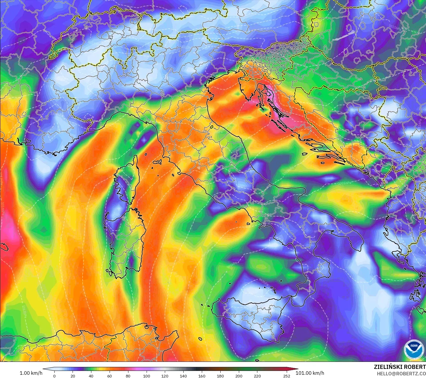 GFS model - Italy, Wind Gusts Peak
