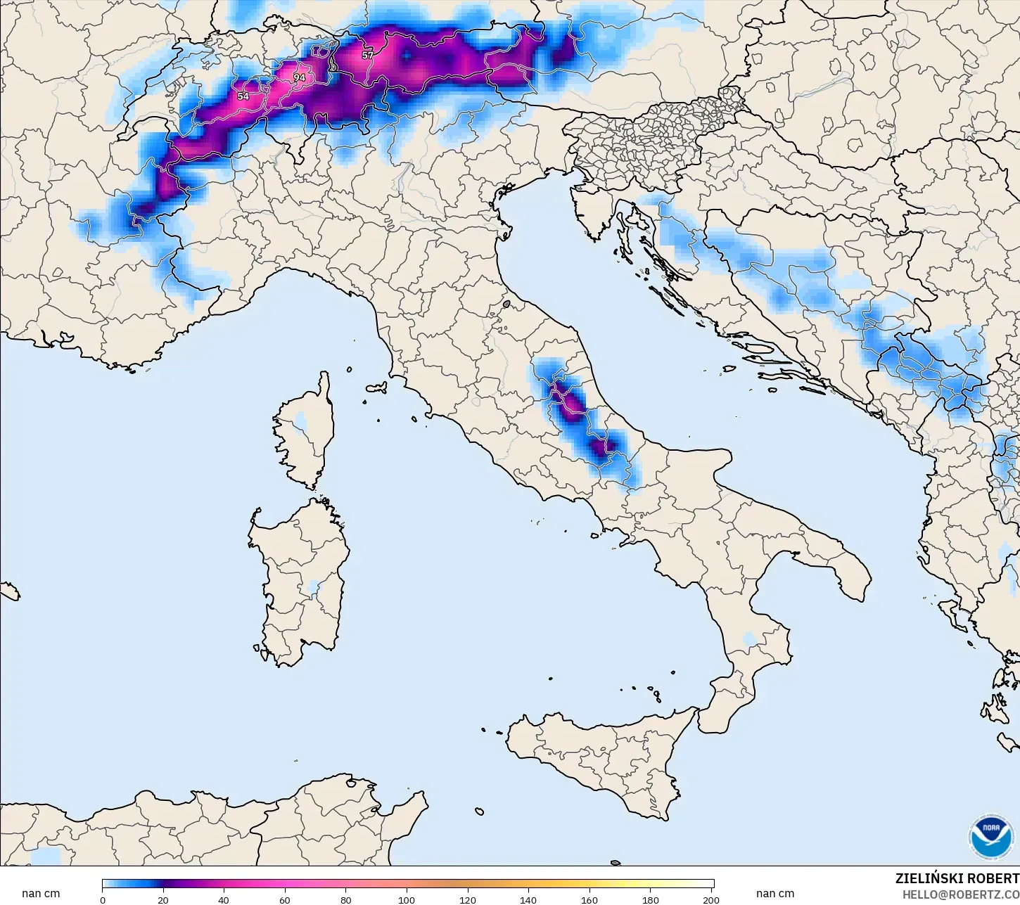 GFS model - Italy, Snow Depth