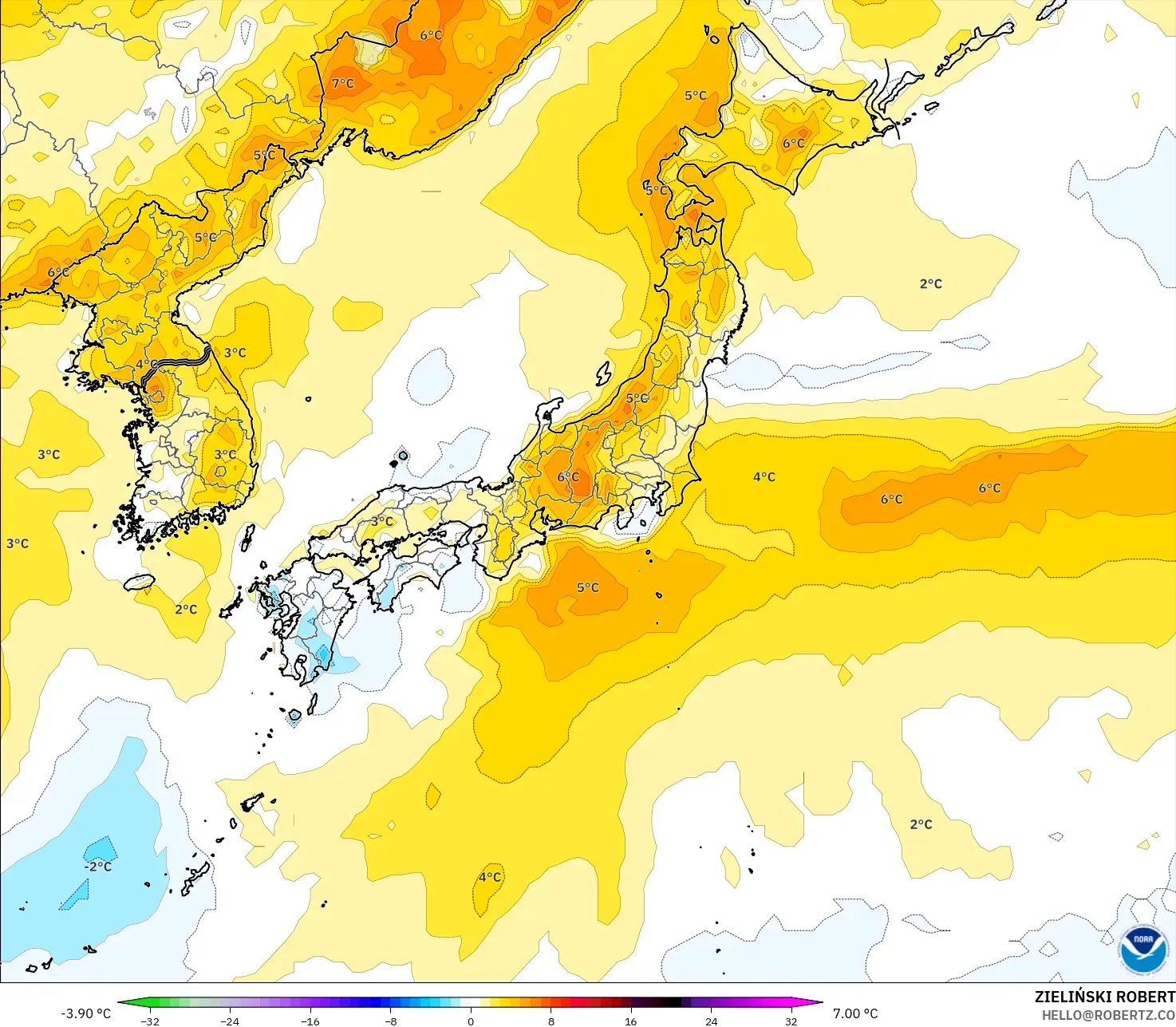 GFS model - Japan, Temperature at 2m Anomaly