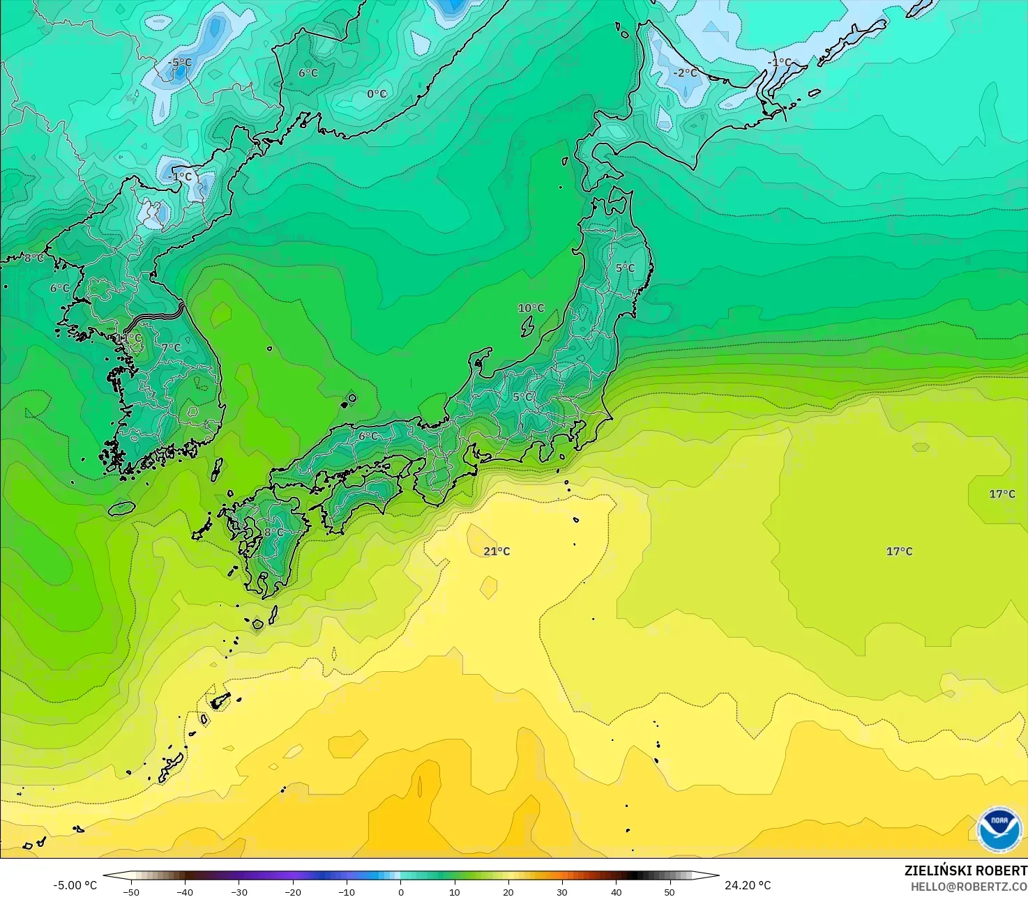 GFS model - Japan, Temperature at 2m