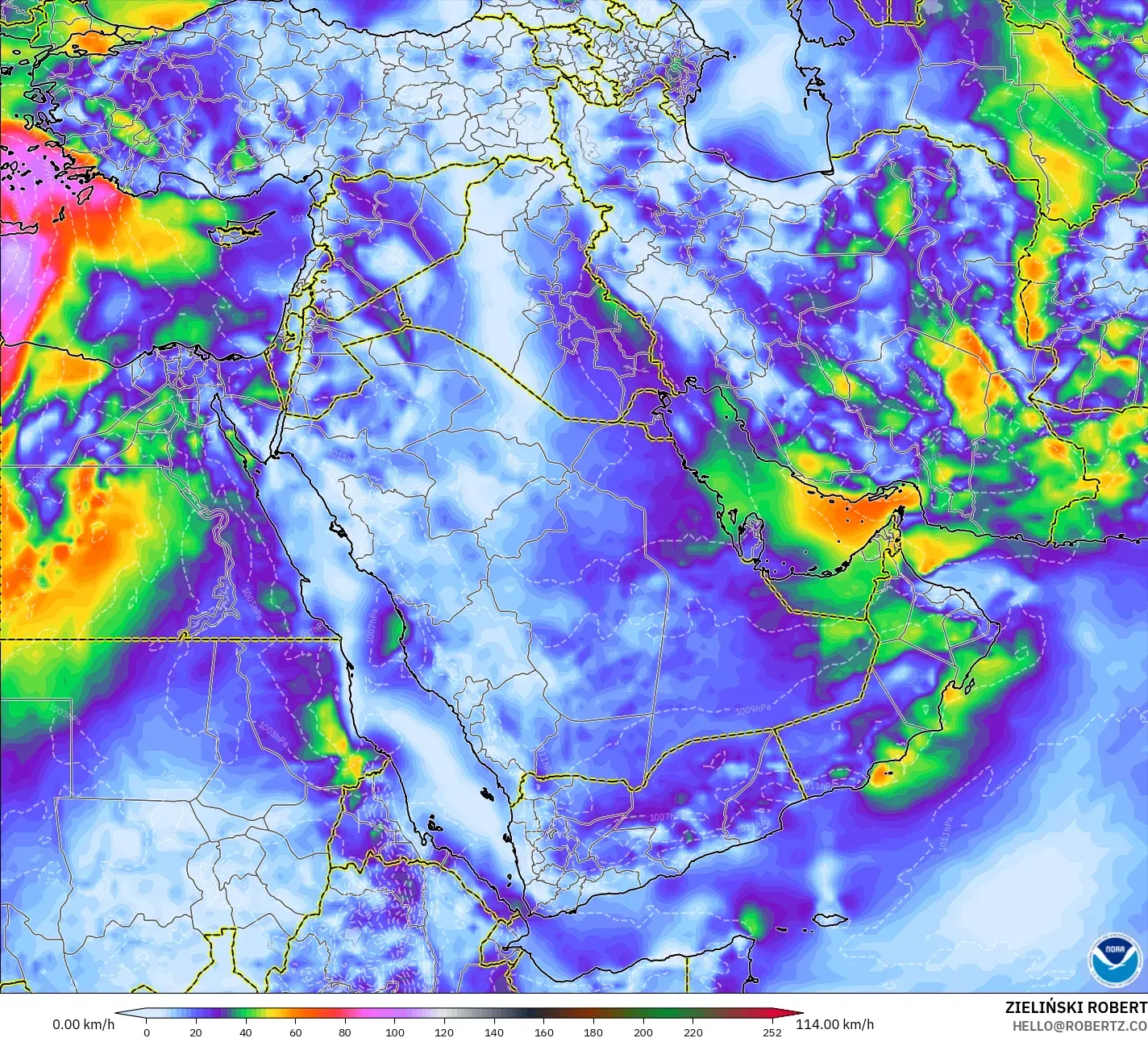 GFS model - Middle East, Wind Gusts Peak