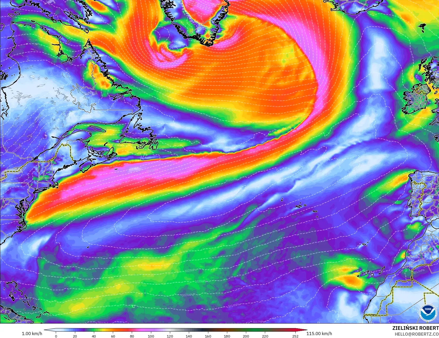 GFS model - North Atlantic, Wind Gusts Peak