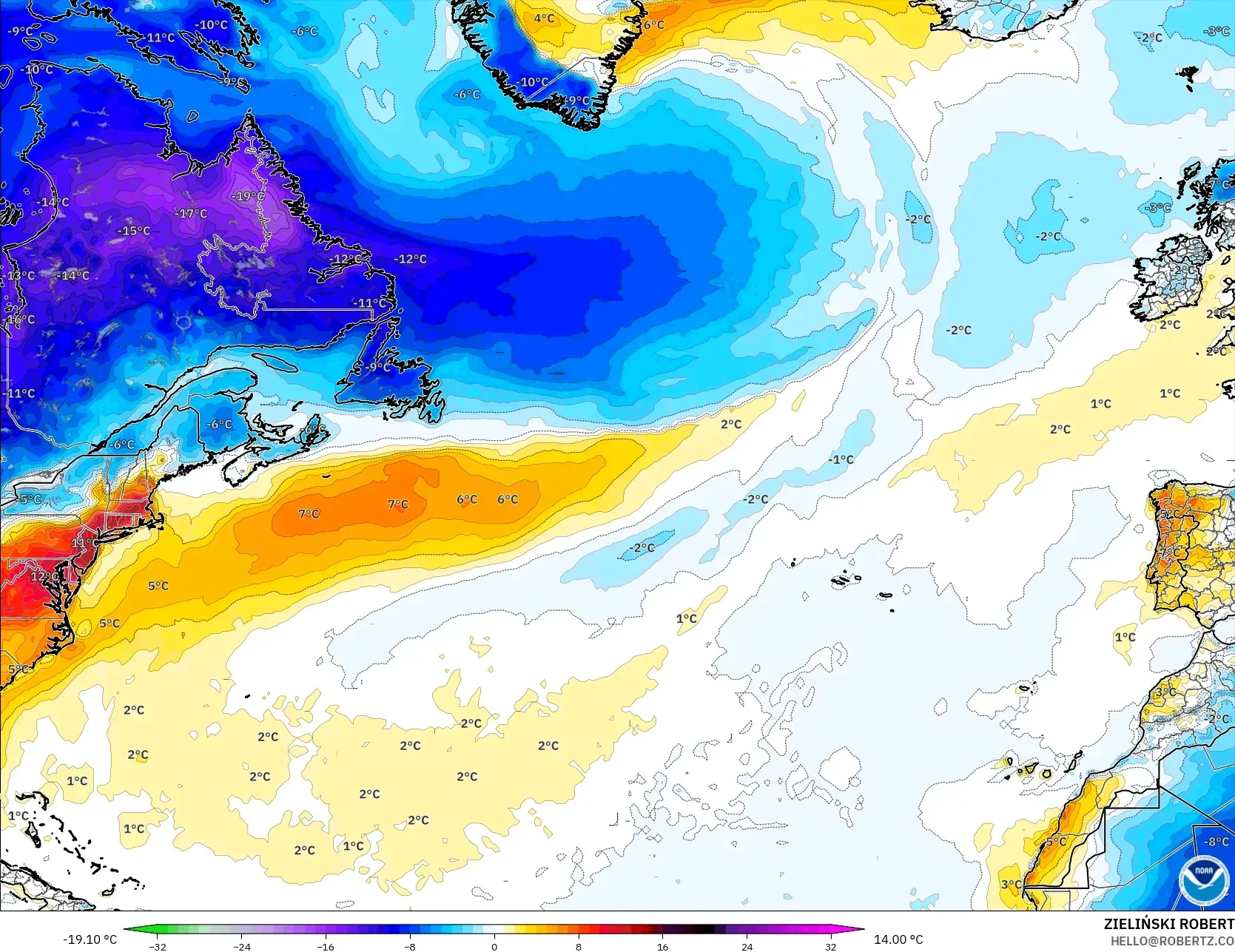GFS model - North Atlantic, Temperature at 2m Anomaly