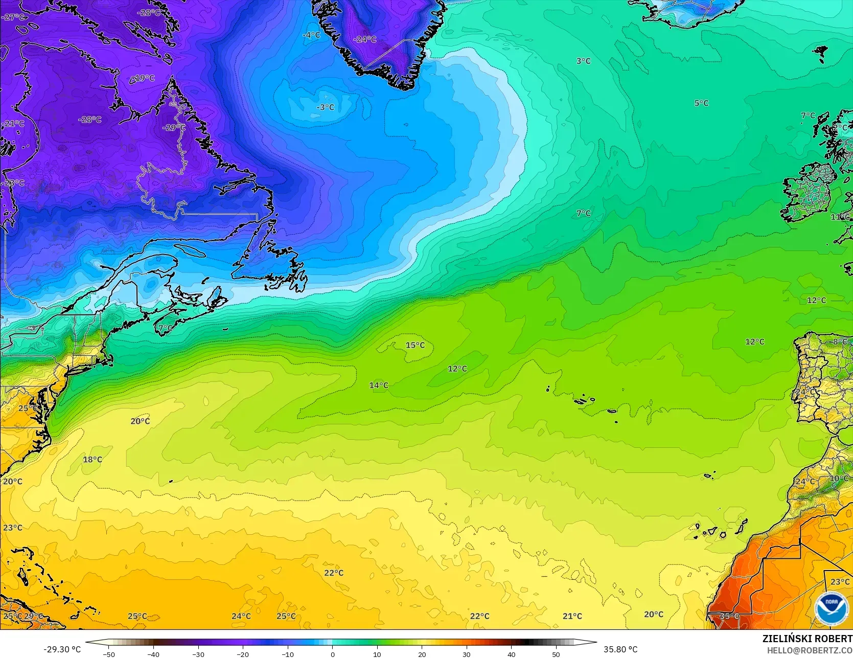 GFS model - North Atlantic, Temperature at 2m