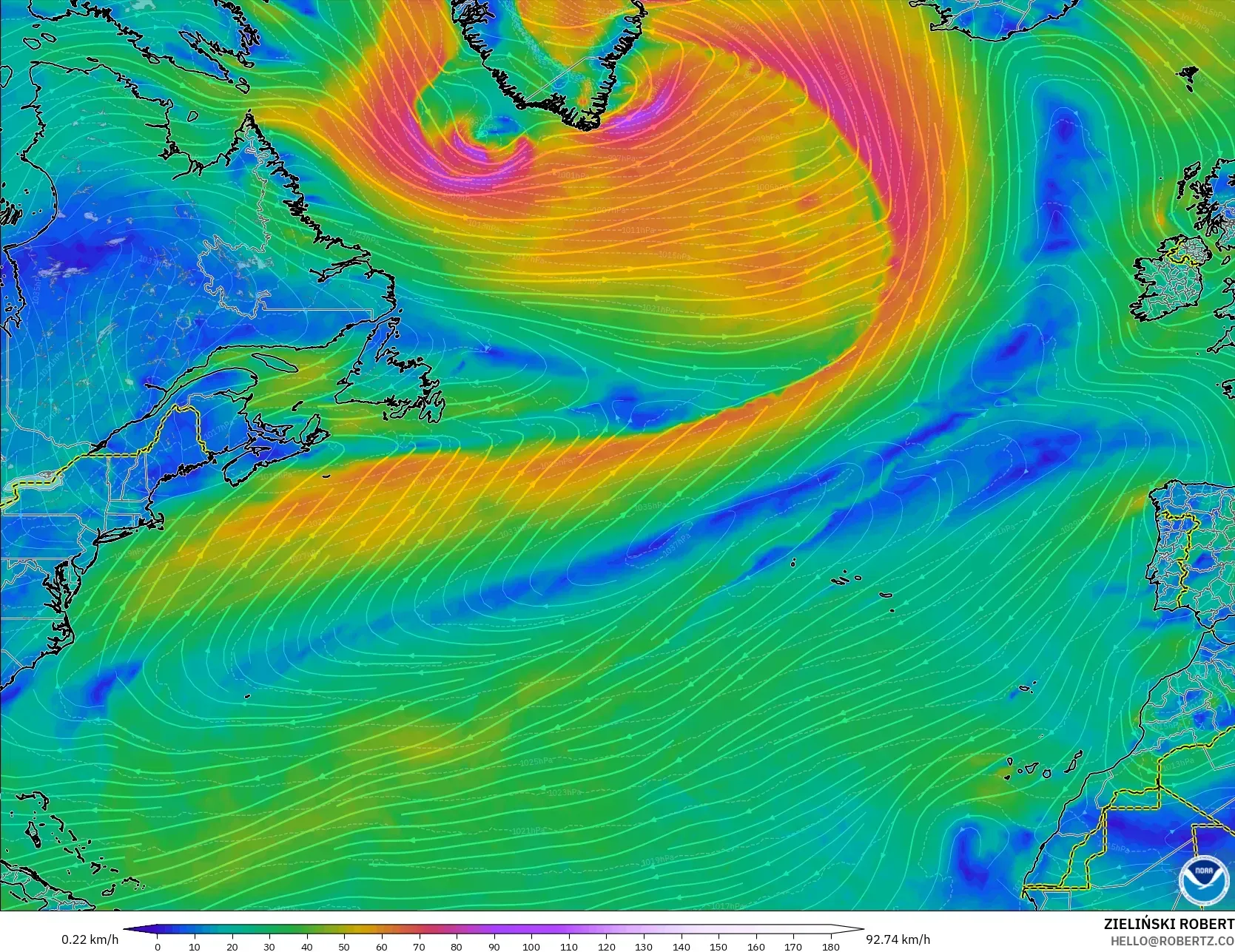 GFS model - North Atlantic, Wind at 10m