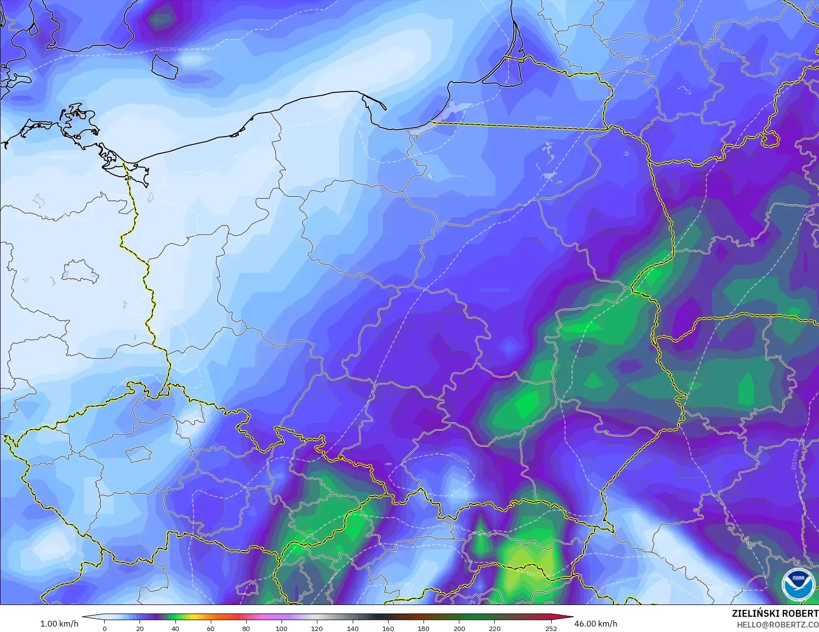 GFS model - Poland, Wind Gusts Peak