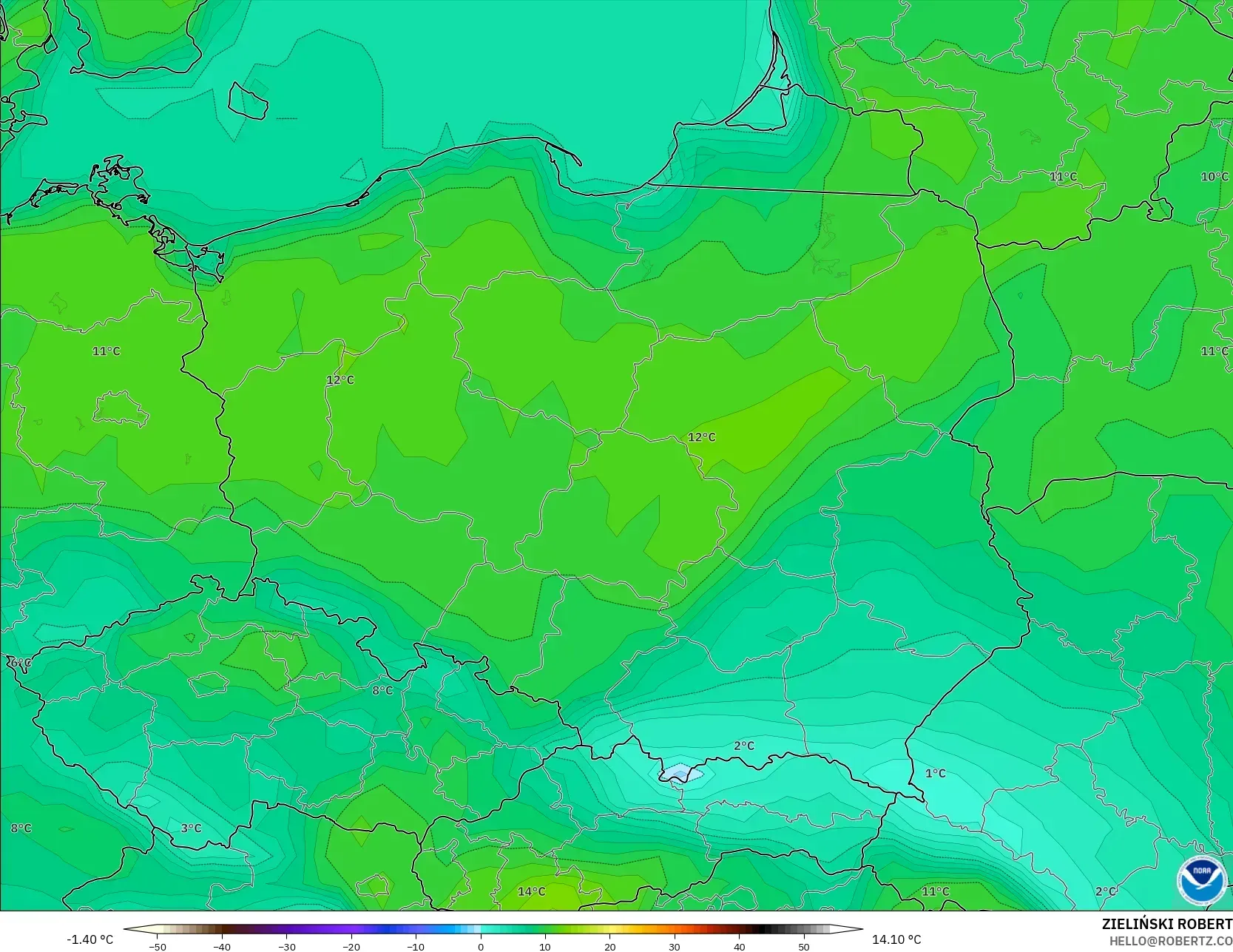 GFS model - Poland, Temperature at 2m