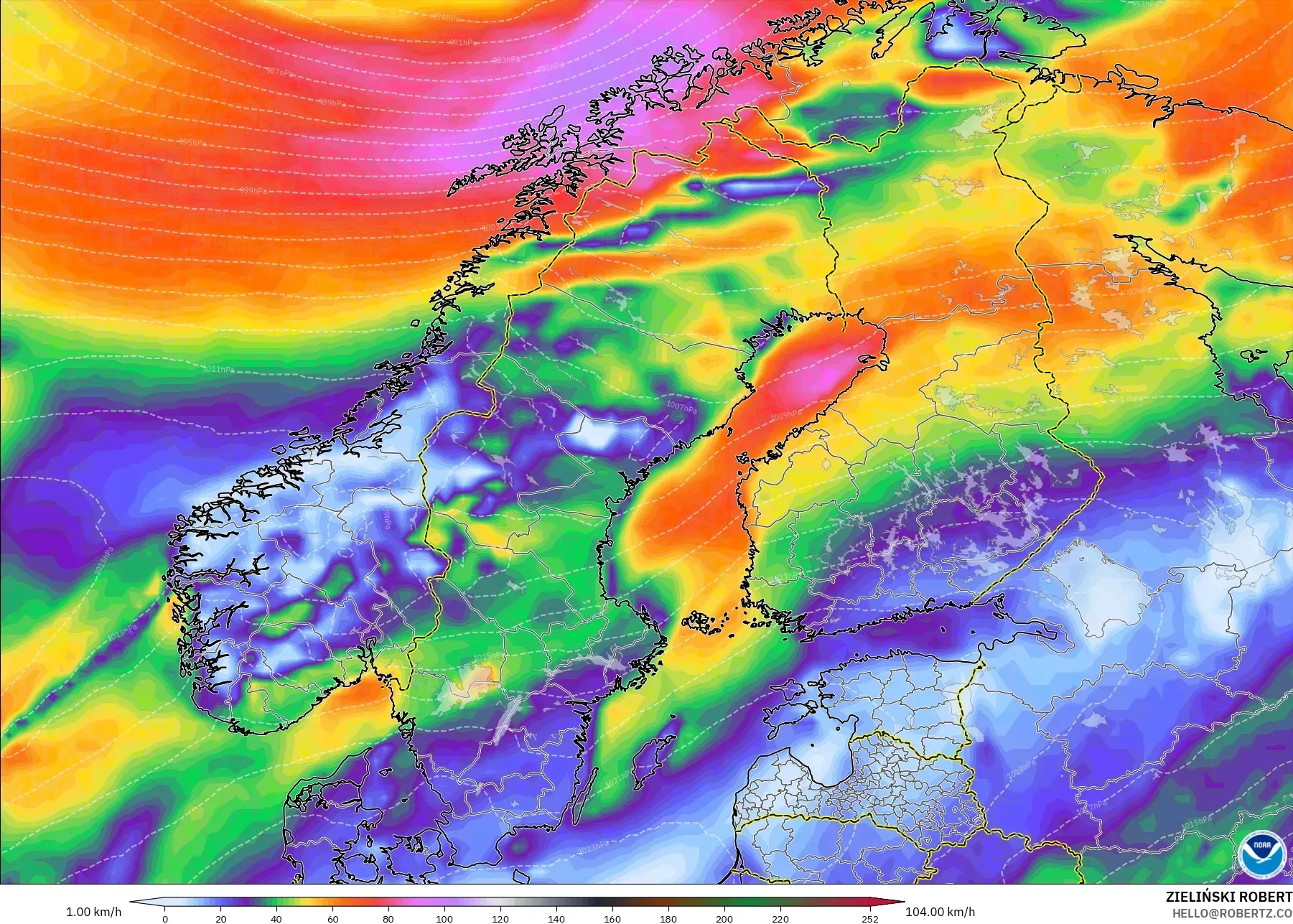 GFS model - Scandinavia, Wind Gusts Peak