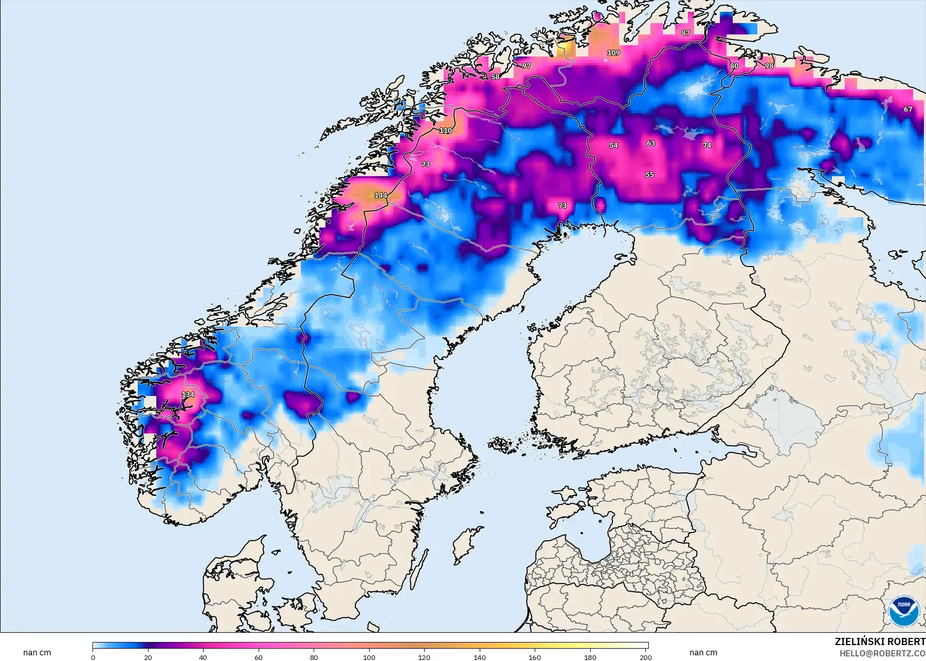 GFS model - Scandinavia, Snow Depth