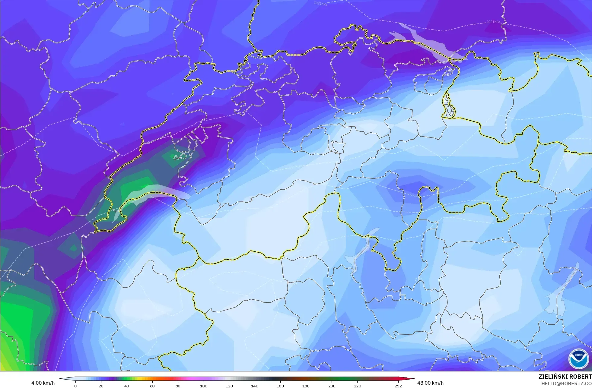 GFS model - Switzerland, Wind Gusts Peak