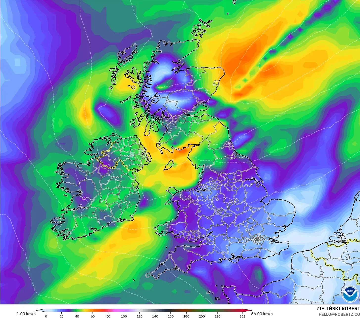 GFS model - United Kingdom, Wind Gusts Peak