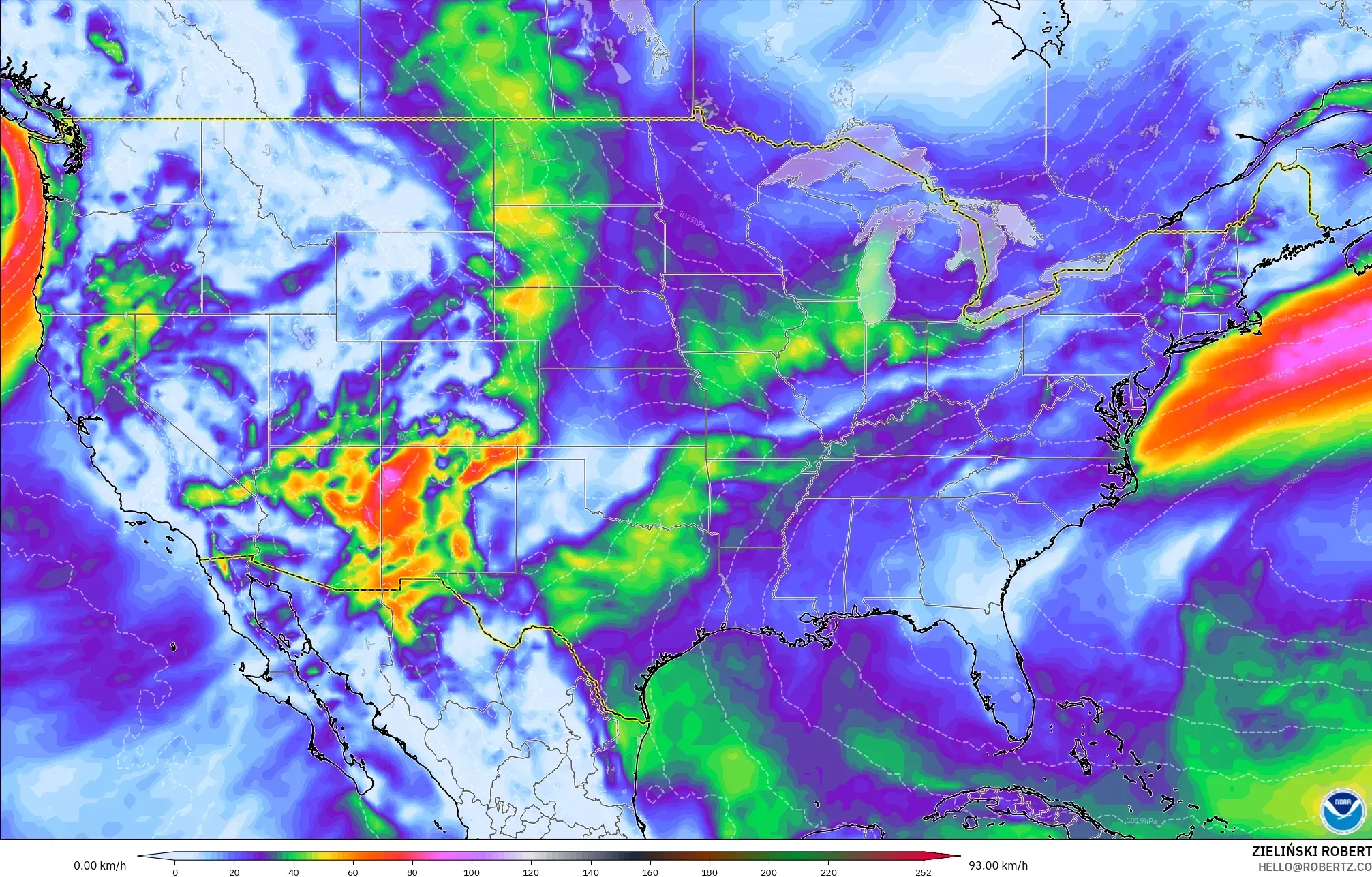 GFS model - United States, Wind Gusts Peak