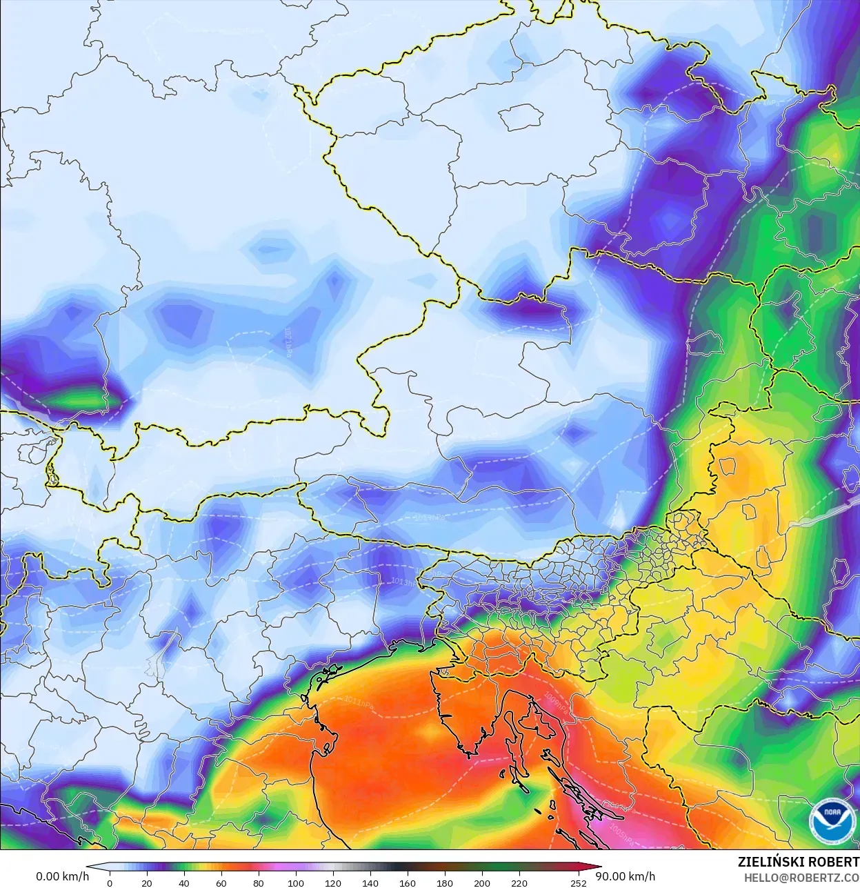 GFS model - Austria, Wind Gusts Peak