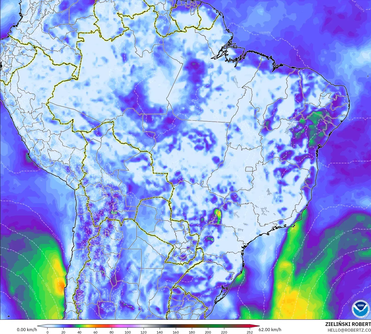 GFS model - Brazil, Wind Gusts