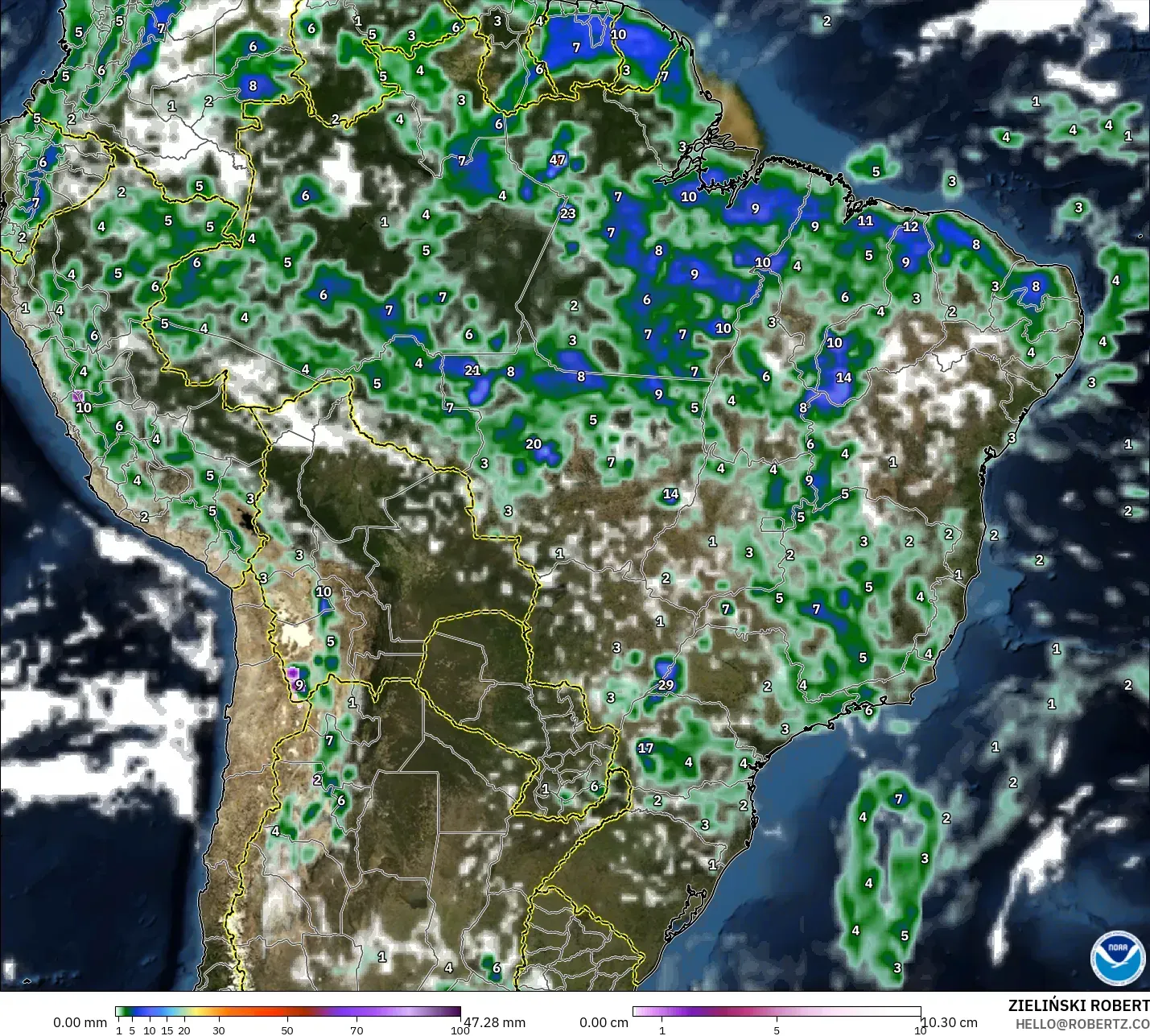 GFS model - Brazil, Precipitation, Clouds, and Pressure