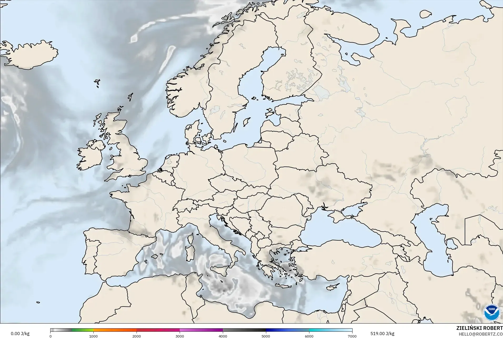 GFS model - Europe, CAPE