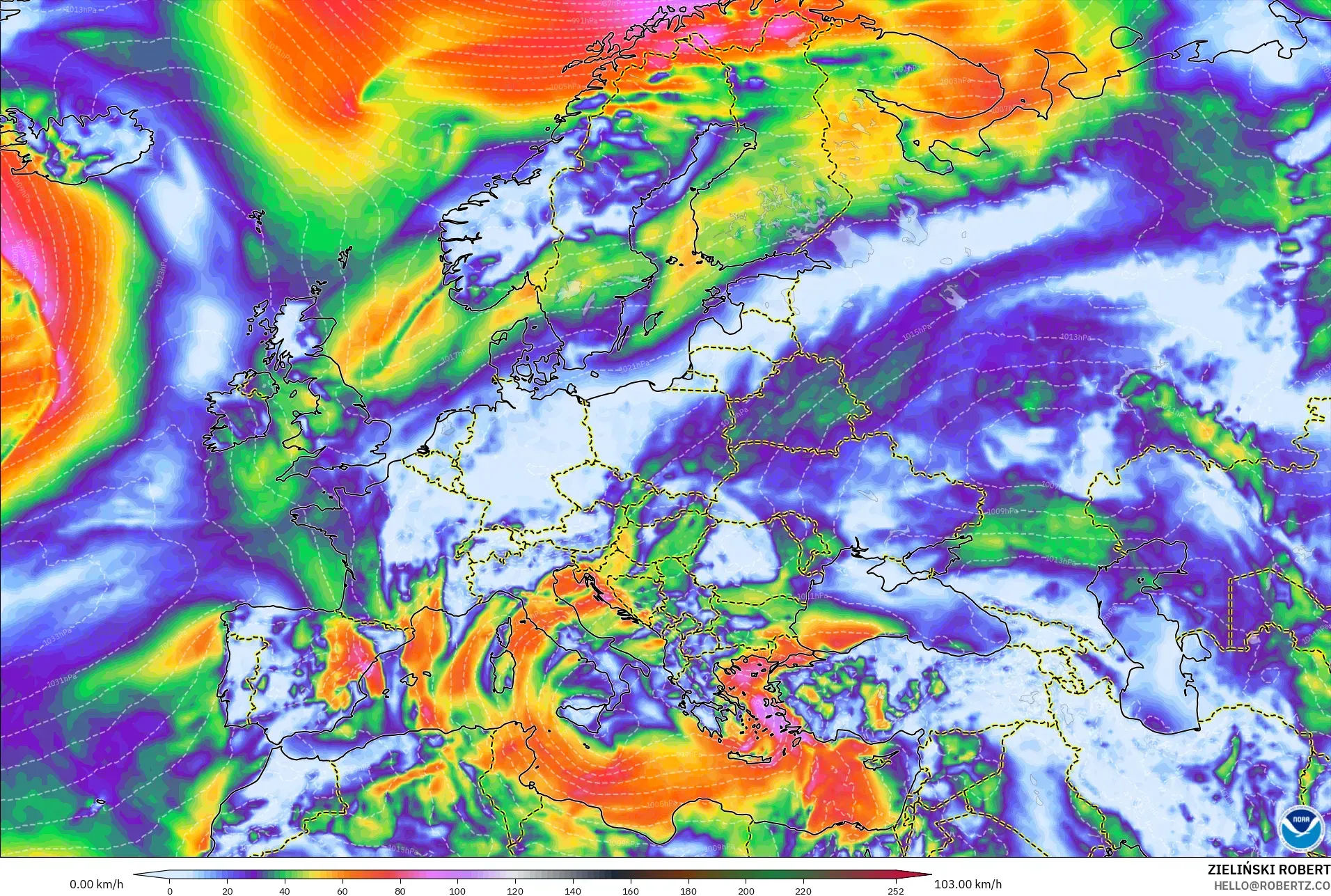 GFS model - Europe, Wind Gusts Peak