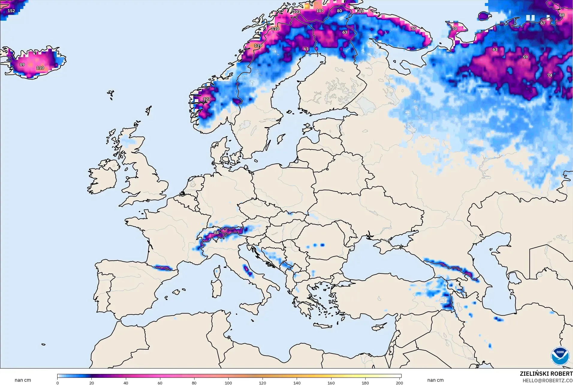 GFS model - Europe, Snow Depth